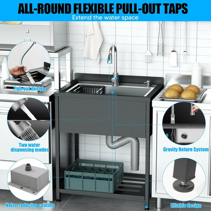 Stainless Steel Utility Sink, 30.8" × 22" × 39.5"Freestanding Sink with Cold and Hot Water Faucet,Hoses and Drain Kit for Kitchens, Bathrooms, Garage, Laundry Room
