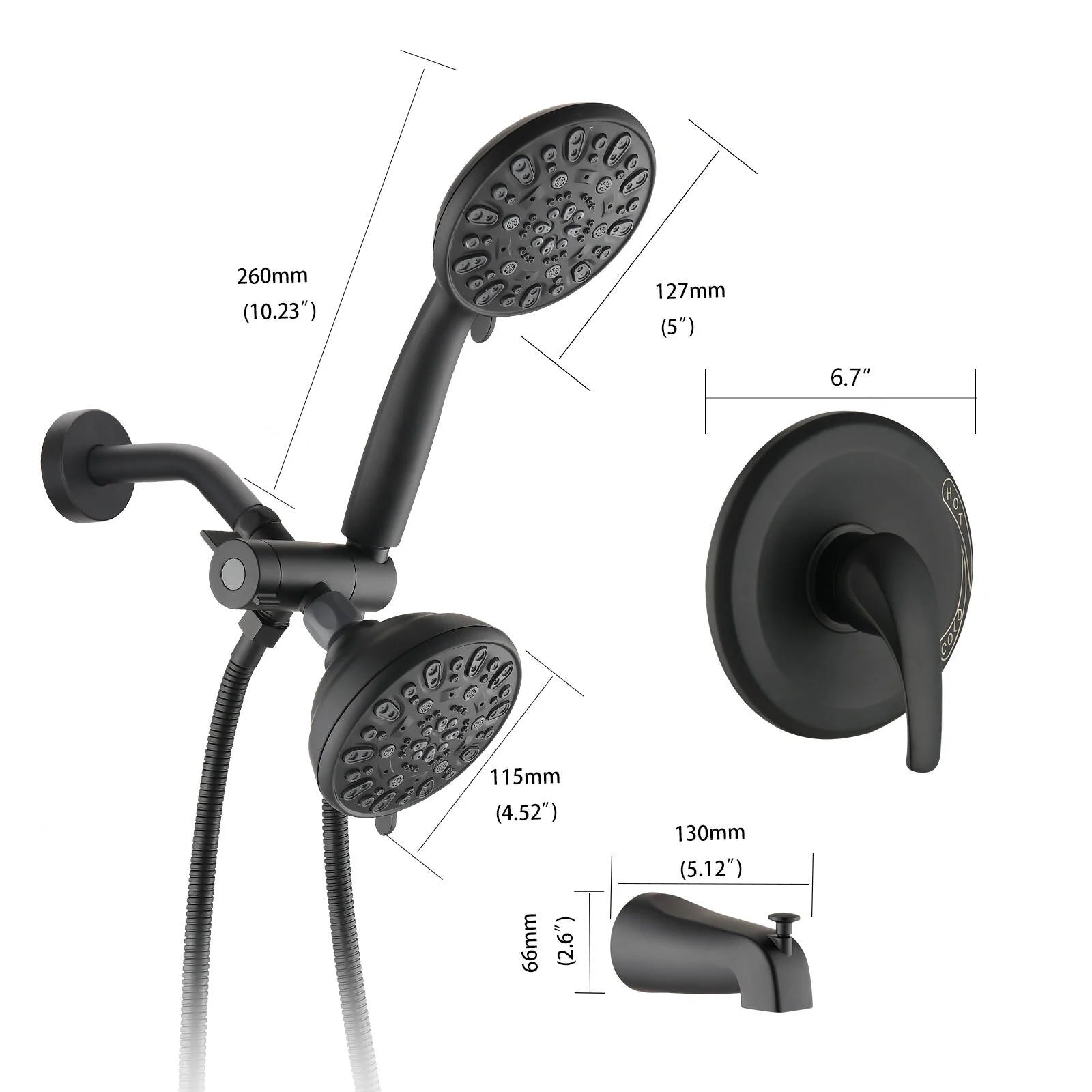 Proox 5 inch High Pressure Dual 2 in 1 Rain Showering Faucet Handheld Combo Set with Bathtub Spout