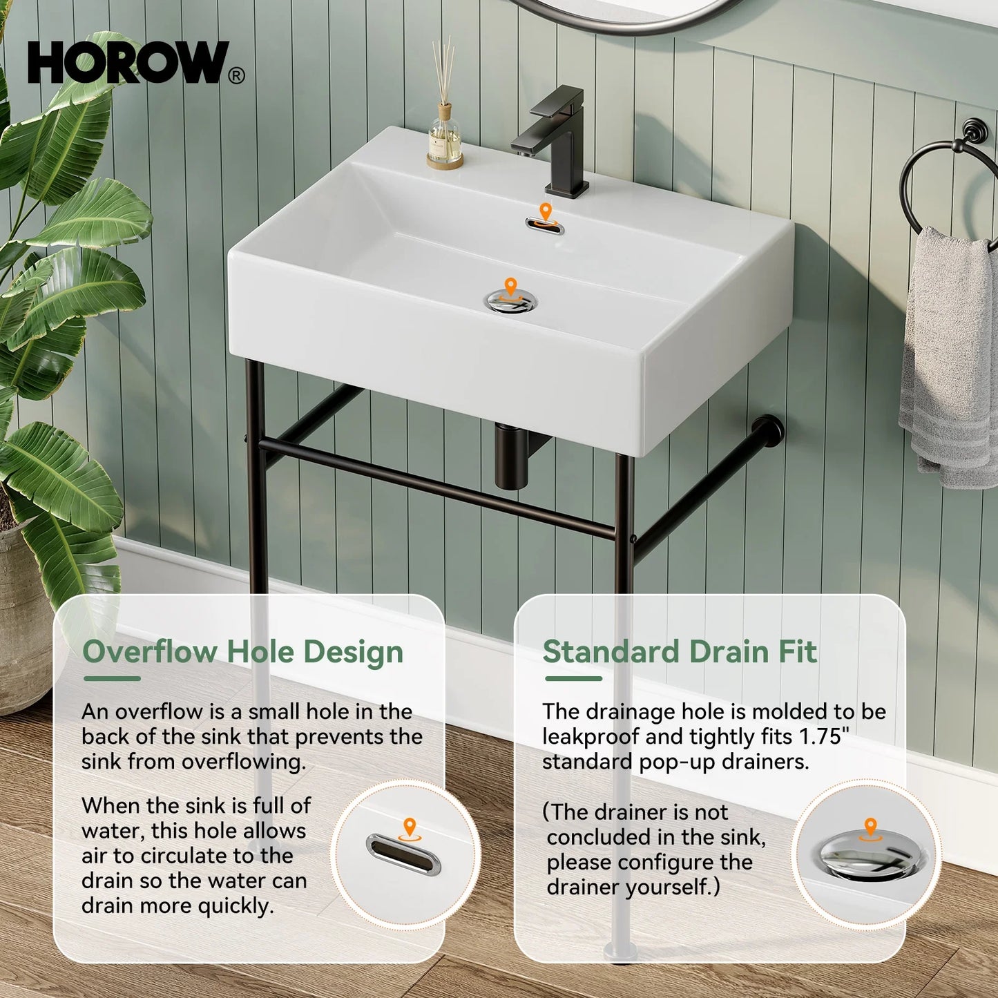 HOROW 24" Console Bathroom Sink,Free Standing 30 Inch Stainless Steel Support Pedestal Legs, Matte Black