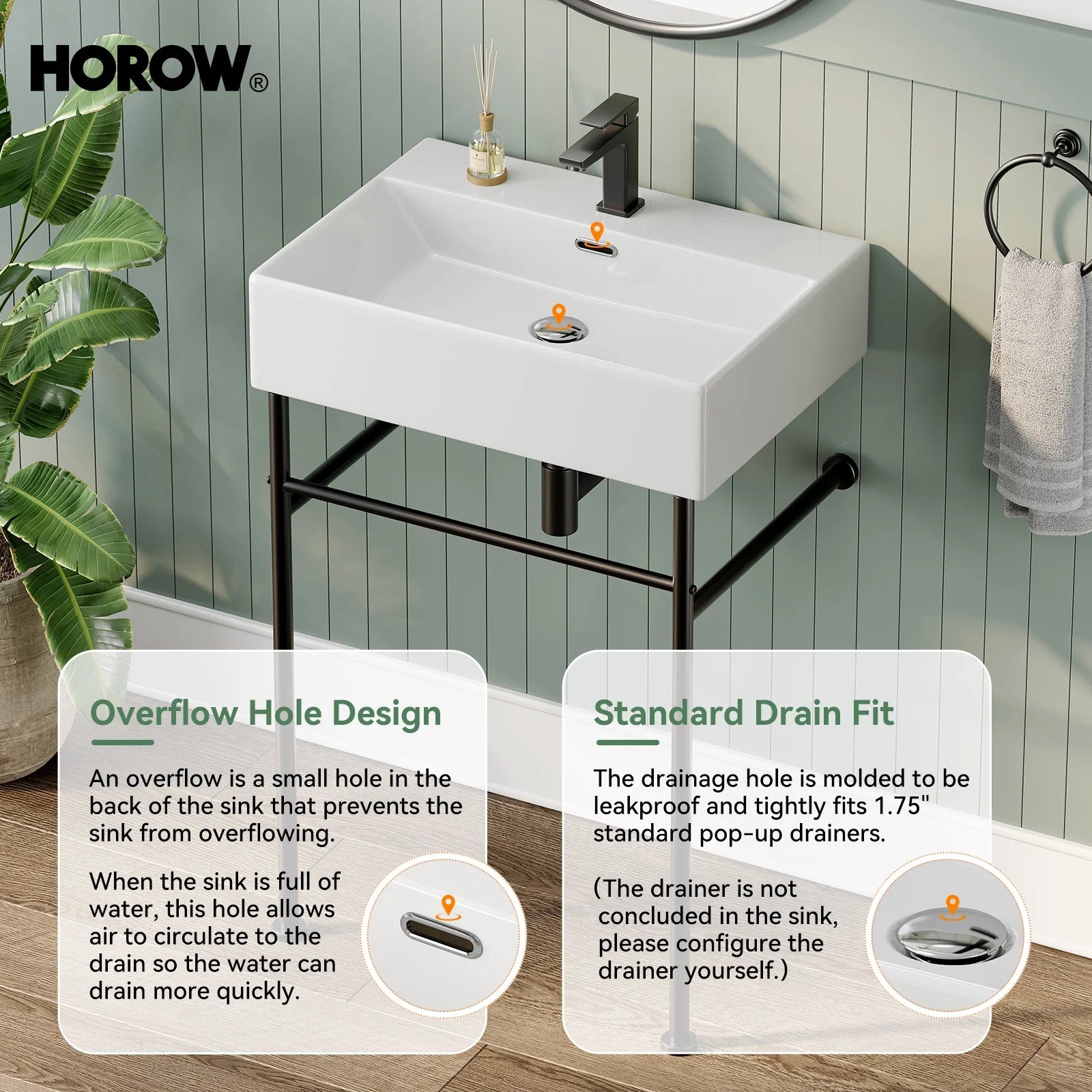 HOROW 24" Console Bathroom Sink,Free Standing 30 Inch Stainless Steel Support Pedestal Legs, Matte Black