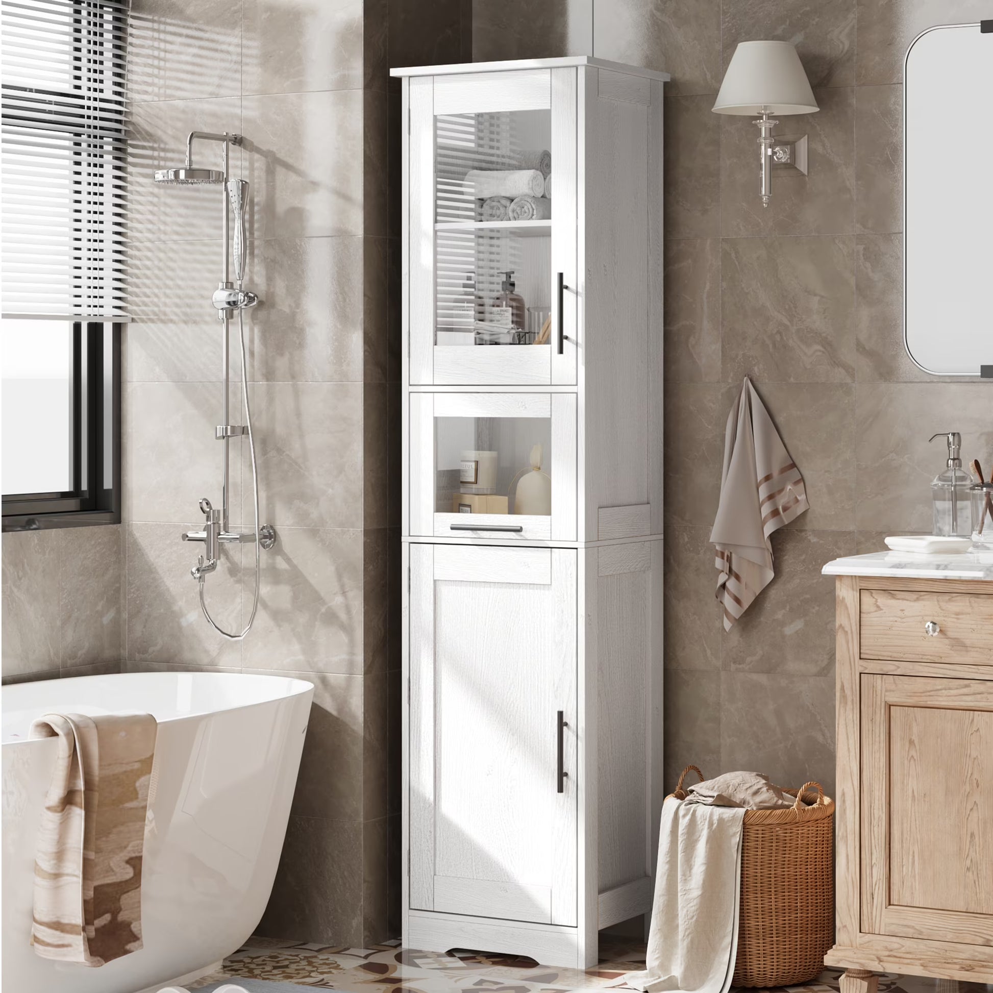 Bathroom Cabinet, Tall Storage Cabinet with Doors and Adjustable Shelf, Freestanding Floor Pantry Cabinet for Kitchen, Living Room, Laundry Room, Home Office