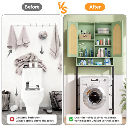 VEANERWOOD Rattan Over The Toilet Storage Cabinet, Bathroom Space-Saving Toilet Rack with Cupboard Metal Stand & Adjustable Shelf, Space Saver