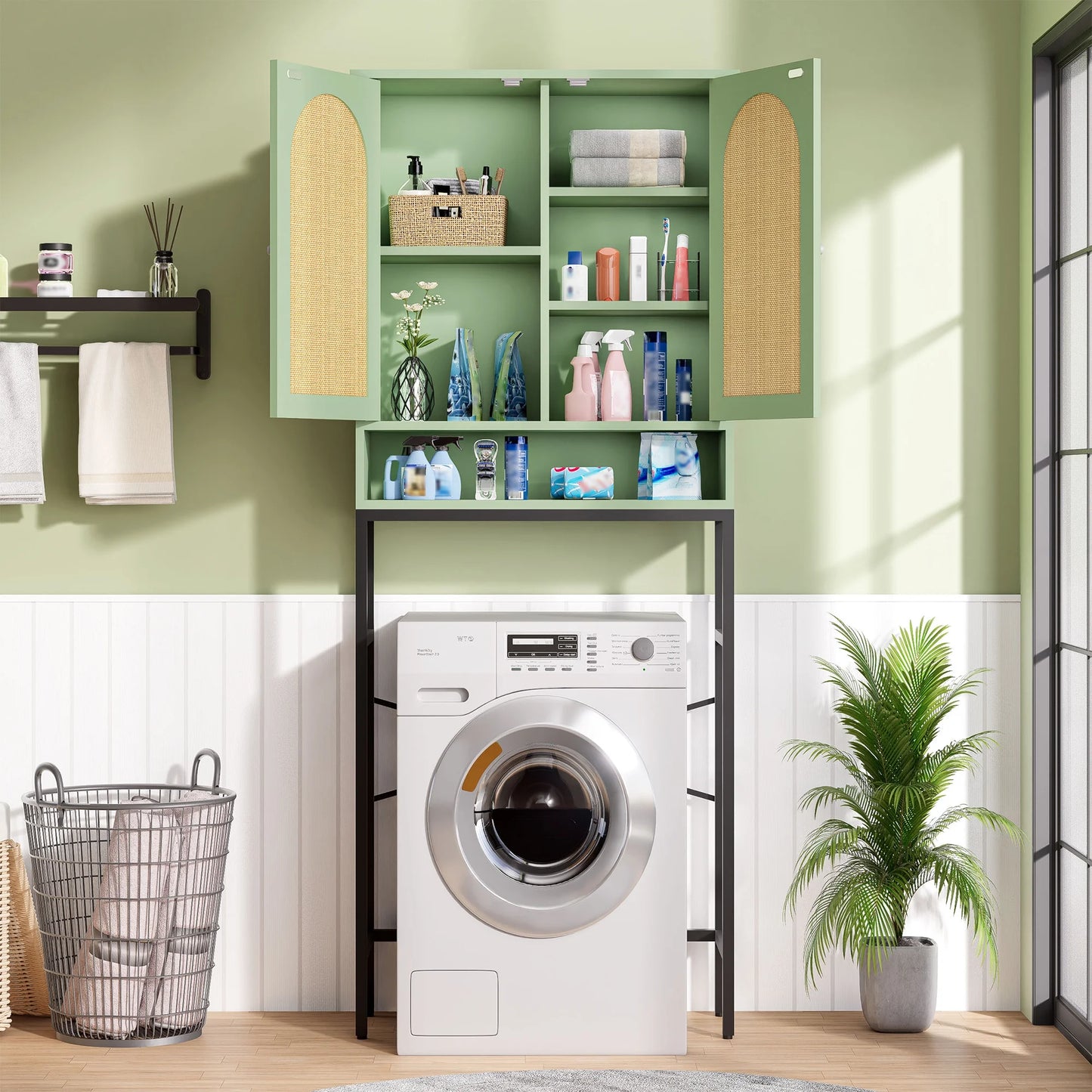 VEANERWOOD Rattan Over The Toilet Storage Cabinet, Bathroom Space-Saving Toilet Rack with Cupboard Metal Stand & Adjustable Shelf, Space Saver