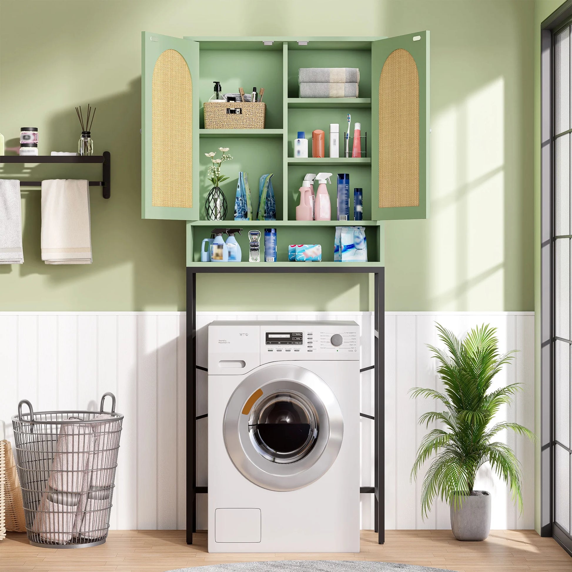 VEANERWOOD Rattan Over The Toilet Storage Cabinet, Bathroom Space-Saving Toilet Rack with Cupboard Metal Stand & Adjustable Shelf, Space Saver
