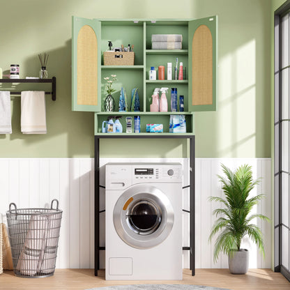 VEANERWOOD Rattan Over The Toilet Storage Cabinet, Bathroom Space-Saving Toilet Rack with Cupboard Metal Stand & Adjustable Shelf, Space Saver