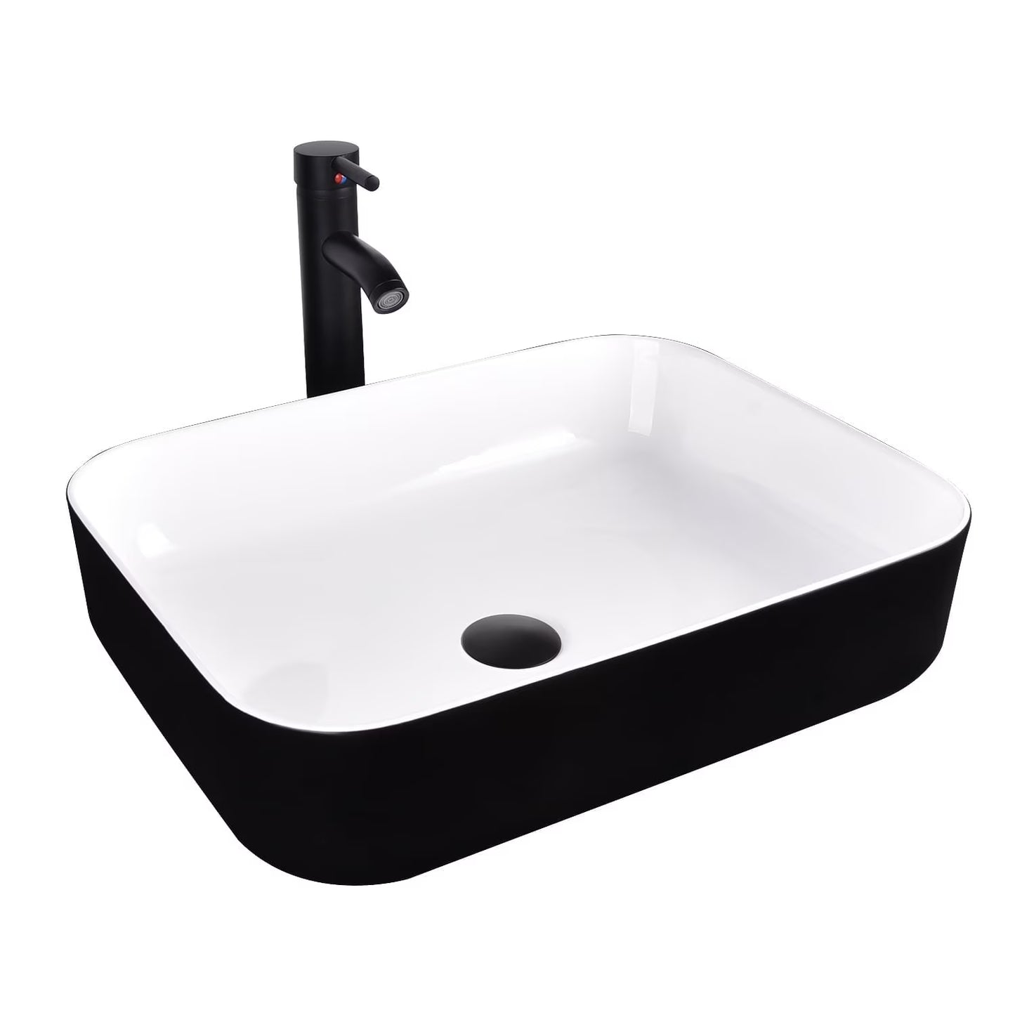 FULLWATT Bathroom Ceramic Sink Vanity Vessel Basin Porcelain Faucet Drain Combo Rectangle,White