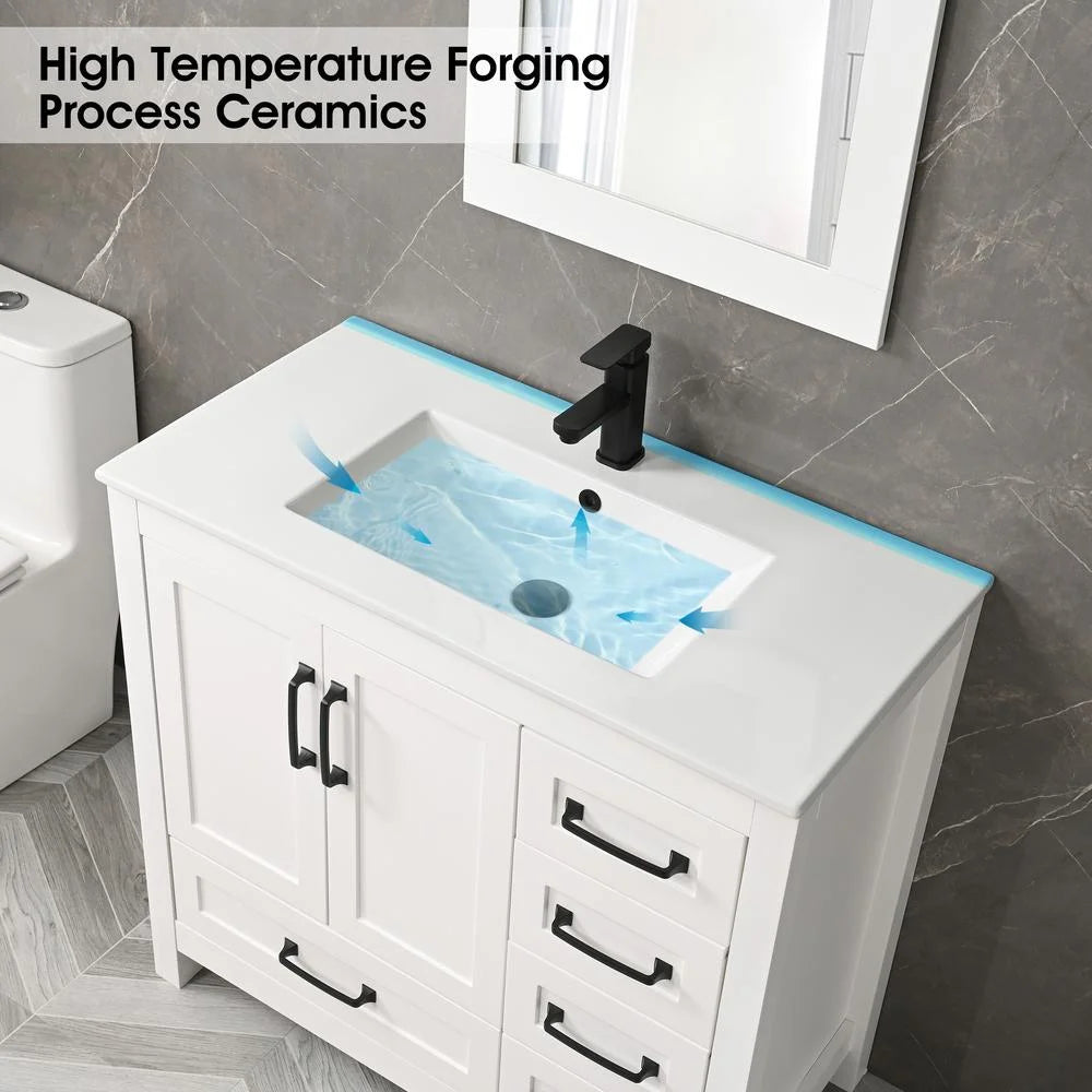 Eclife 36" White Bathroom Vanity Set with Ceramic Sink Top and Water Saving Faucet Drain