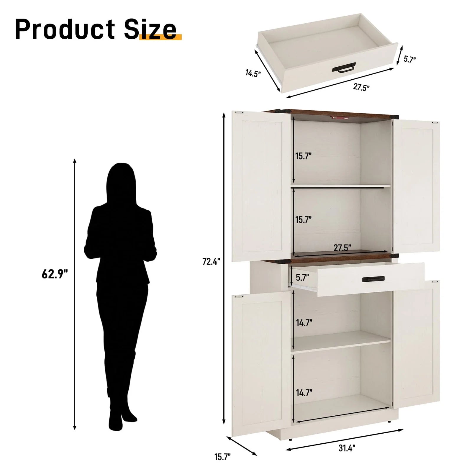 72" Tall Kitchen Pantry, Farmhouse Pantry Cabinet with 1 Drawer & 4 Layer Adjustable Shelves, Rustic Wood Storage Cupboard with Metal Load-Bearing Pipe for Kitchen Bathroom Living Room Hallway