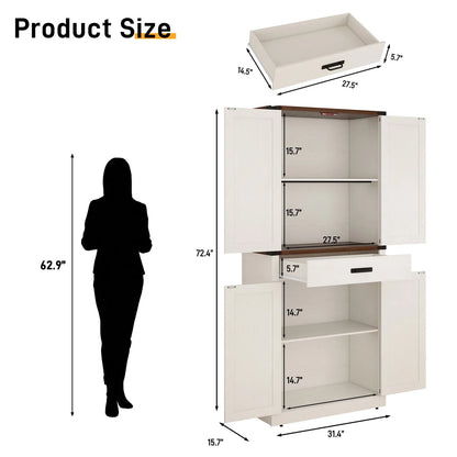 72" Tall Kitchen Pantry, Farmhouse Pantry Cabinet with 1 Drawer & 4 Layer Adjustable Shelves, Rustic Wood Storage Cupboard with Metal Load-Bearing Pipe for Kitchen Bathroom Living Room Hallway