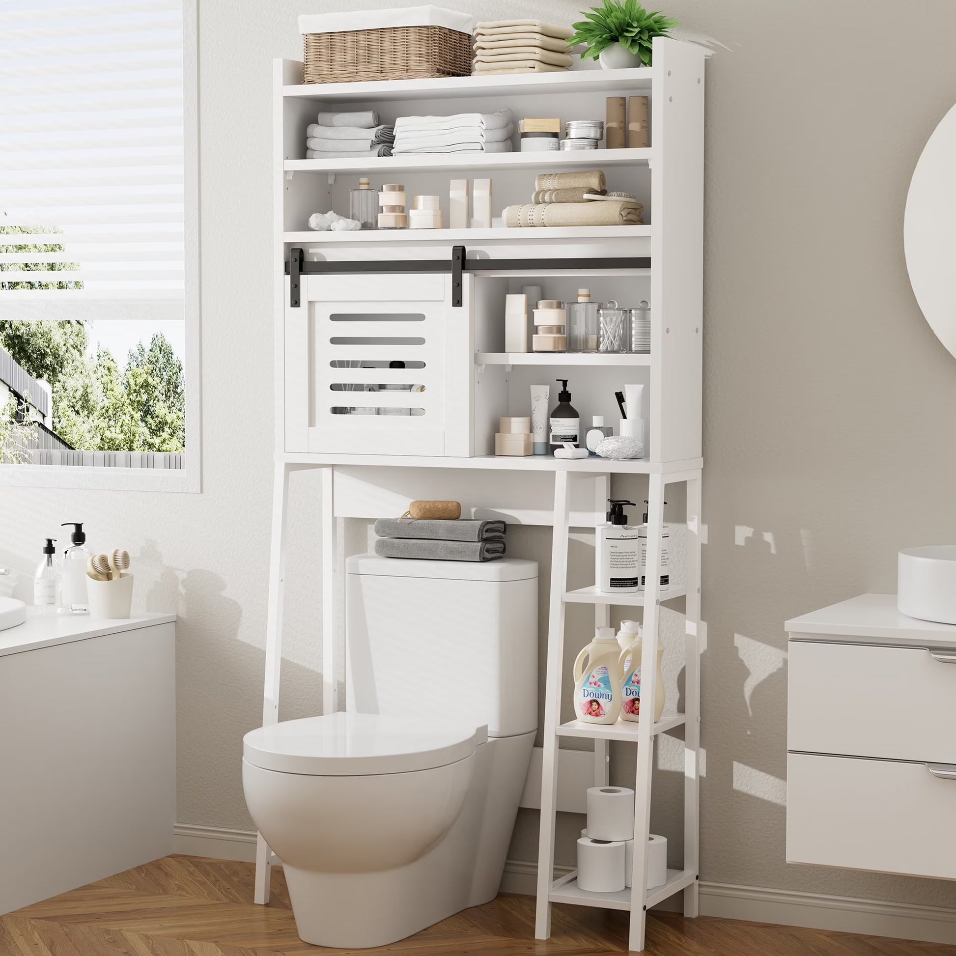 Walsunny Over the Toilet Storage Cabinet with Sliding Barn Door Side Shelves Bathroom Restroom Toilet Shelf Organizer Rack Space Saver Freestanding White