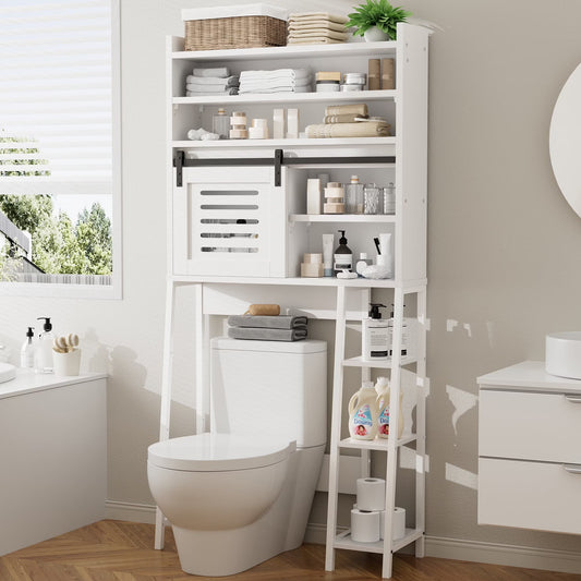 Walsunny Over the Toilet Storage Cabinet with Sliding Barn Door Side Shelves Bathroom Restroom Toilet Shelf Organizer Rack Space Saver Freestanding White