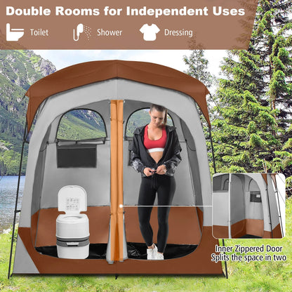 GFNXYI Brown 2-Person Shower Tent, Dual-Room Outdoor Privacy Tent with Stakes & Ropes, Portable Camping Bathing Changing Tent, Water-Resistant Sunshade Camp Shelter