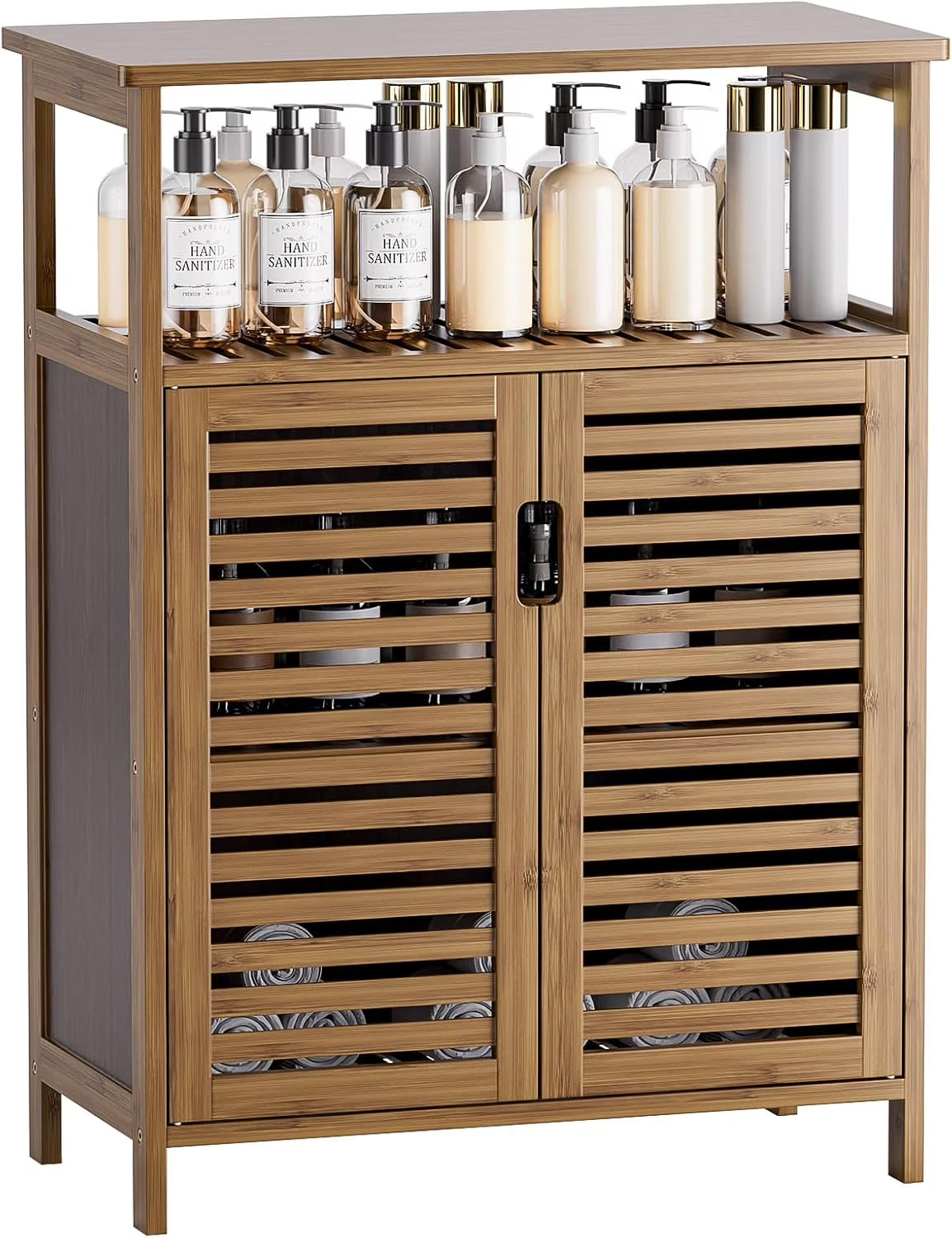 Bathroom Cabinet Freestanding, Bamboo Storage Cabinet 4-Tier Floor Cupboard with Door and Shelf for Bathroom, Kitchen, Hallway, Natural