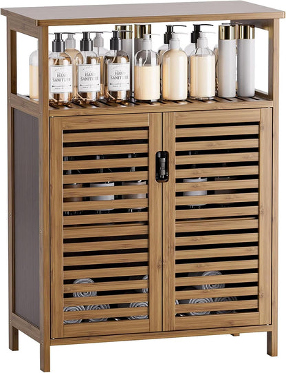 Bathroom Cabinet Freestanding, Bamboo Storage Cabinet 4-Tier Floor Cupboard with Door and Shelf for Bathroom, Kitchen, Hallway, Natural