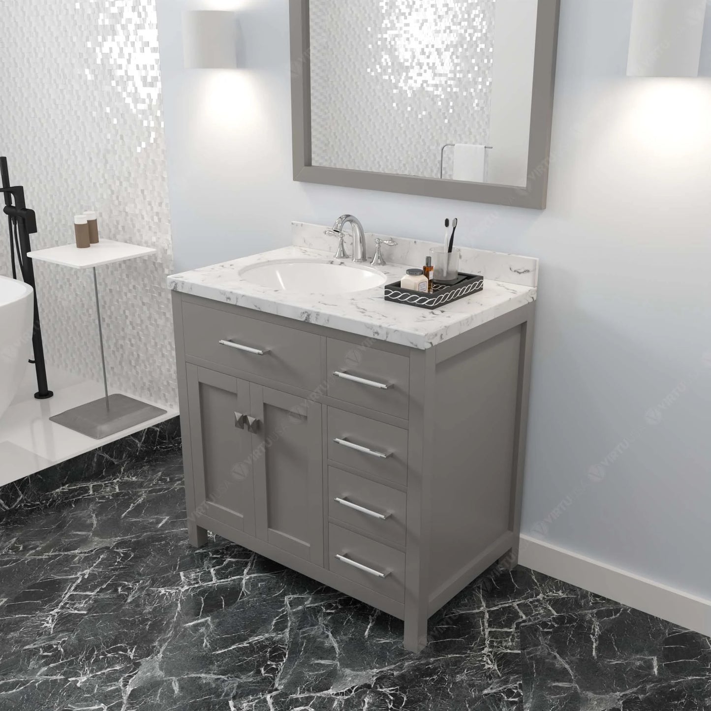 Caroline Parkway 36" Single Bath Vanity in Gray with Cultured Marble Quartz Top and Round Sink
