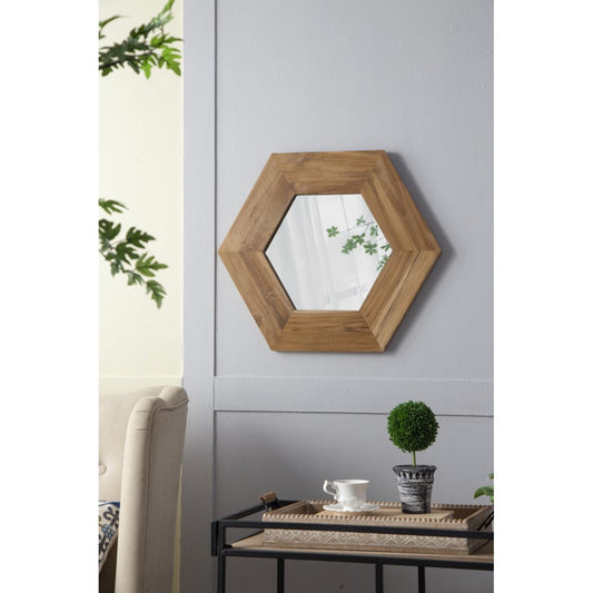 Tcbosik Decorative 18.5" Hexagon Hanging Wall Mirror with Natural Wood Frame and Attached Hanging Bracket, Rustic Farmhouse Decor for the Living Room, Bathroom, Bedroom, and Entryway