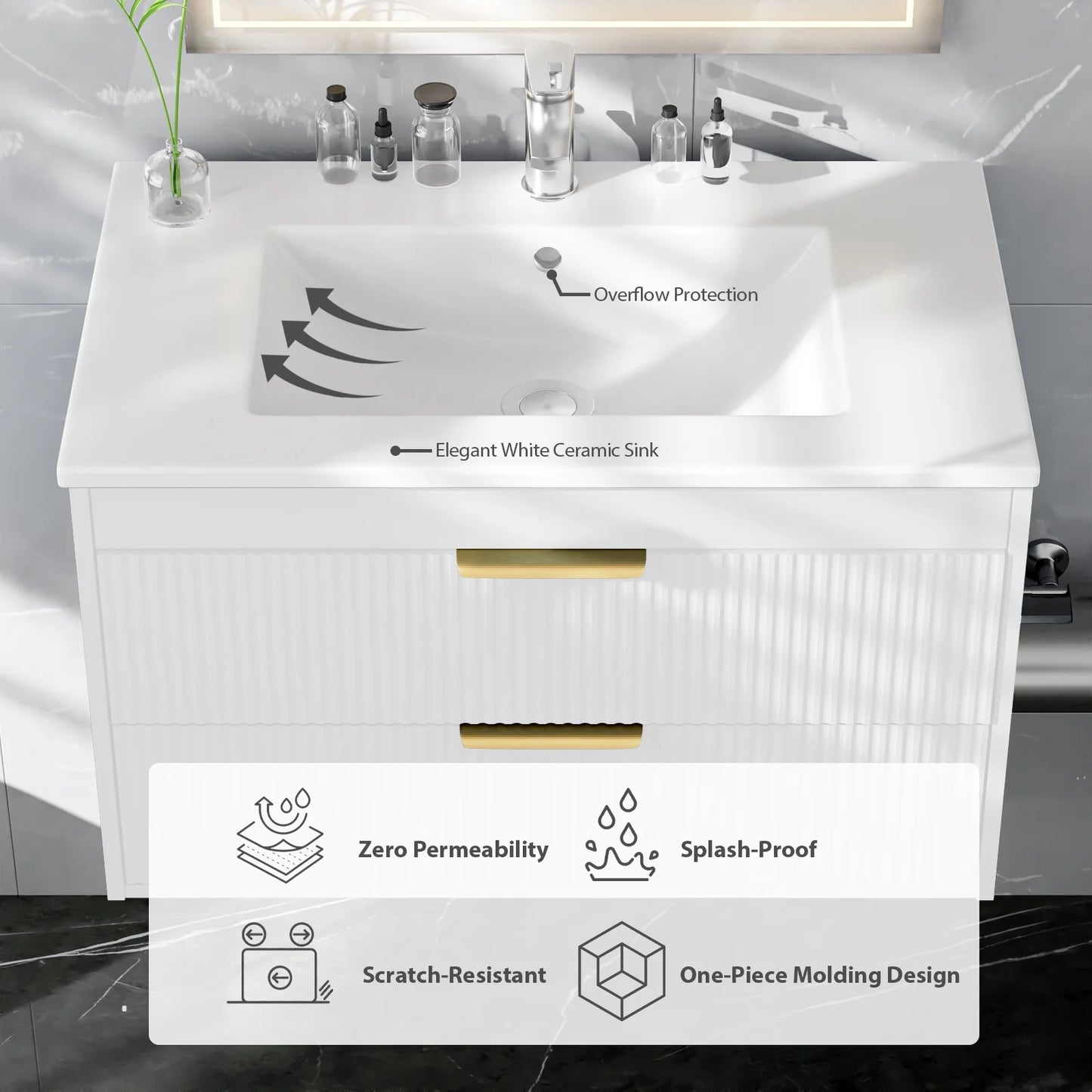 Advwin 30" Wall Mounted Bathroom Vanity with Ceramic Sink, Modern Floating Bathroom Storage Cabinet with Sensor Light & 2 Extra Large Drawers, White