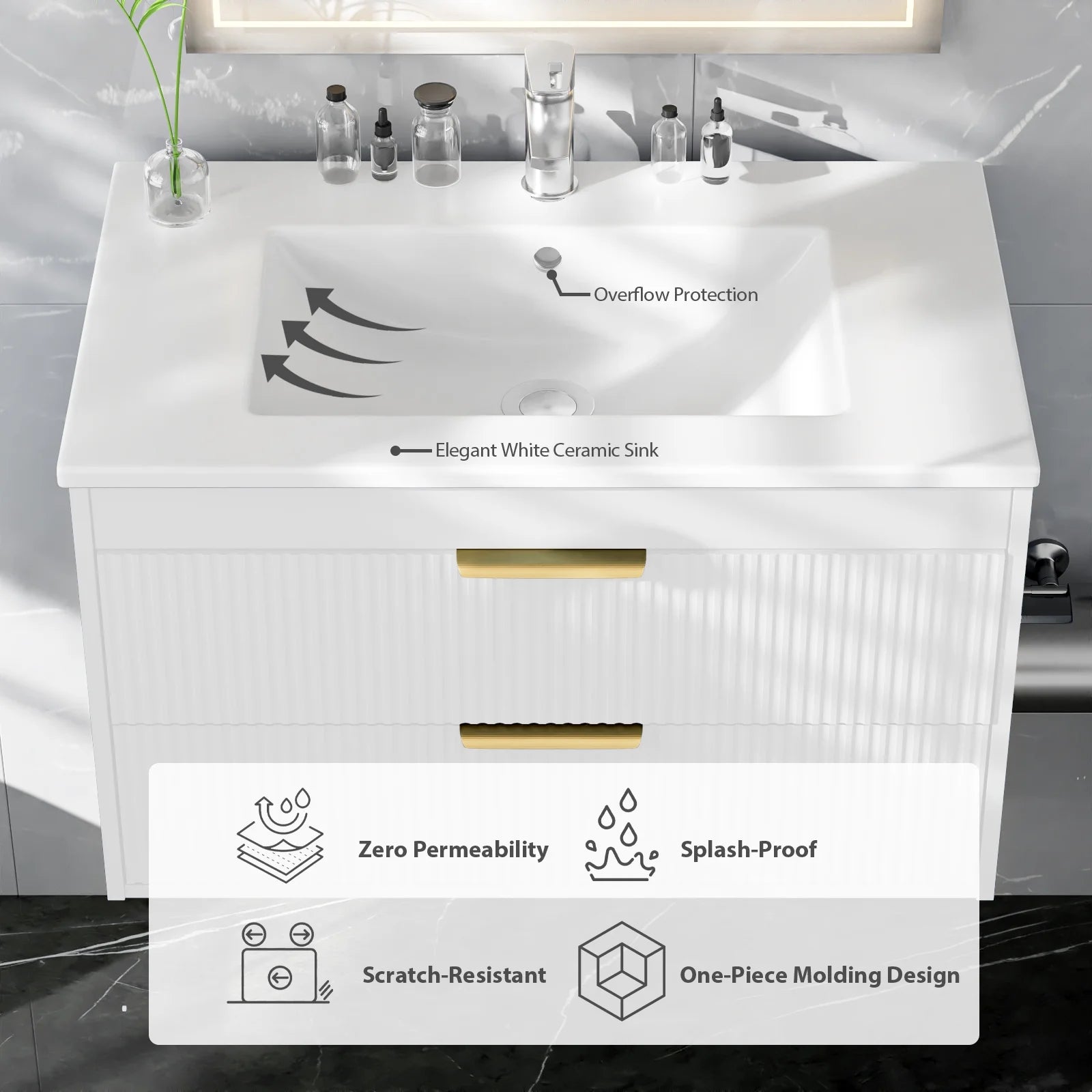 Advwin 30" Wall Mounted Bathroom Vanity with Ceramic Sink, Modern Floating Bathroom Storage Cabinet with Sensor Light & 2 Extra Large Drawers, White
