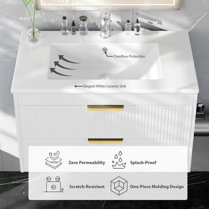 Advwin 30" Wall Mounted Bathroom Vanity with Ceramic Sink, Modern Floating Bathroom Storage Cabinet with Sensor Light & 2 Extra Large Drawers, White