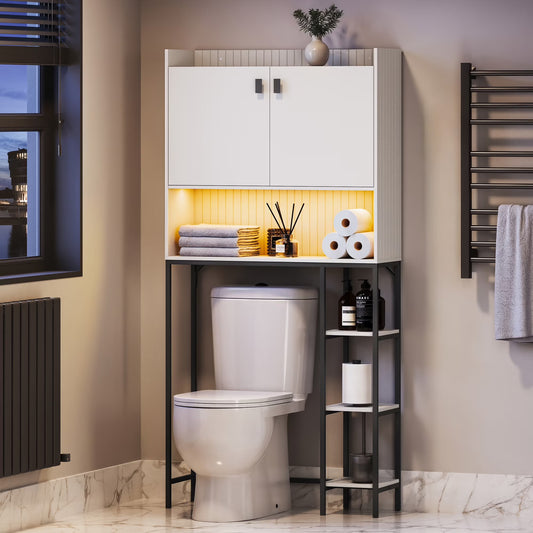 BELLEZE Over The Toilet Storage Cabinet with LED Light, Freestanding Above Toilet Rack with Adjustable Shelf, Bathroom Space Savers Anti-Tipping Device Included - Murano (White)