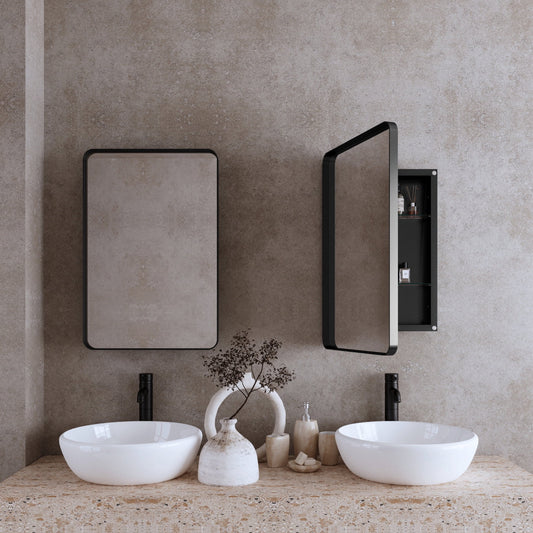 20x30 Inch Recessed Black Metal Medicine Cabinet with Full-Length Mirror - Adjustable Tempered Glass Shelves, Moisture-Resistant Storage, Wall-Mounted Design for Modern & Traditional Bathrooms