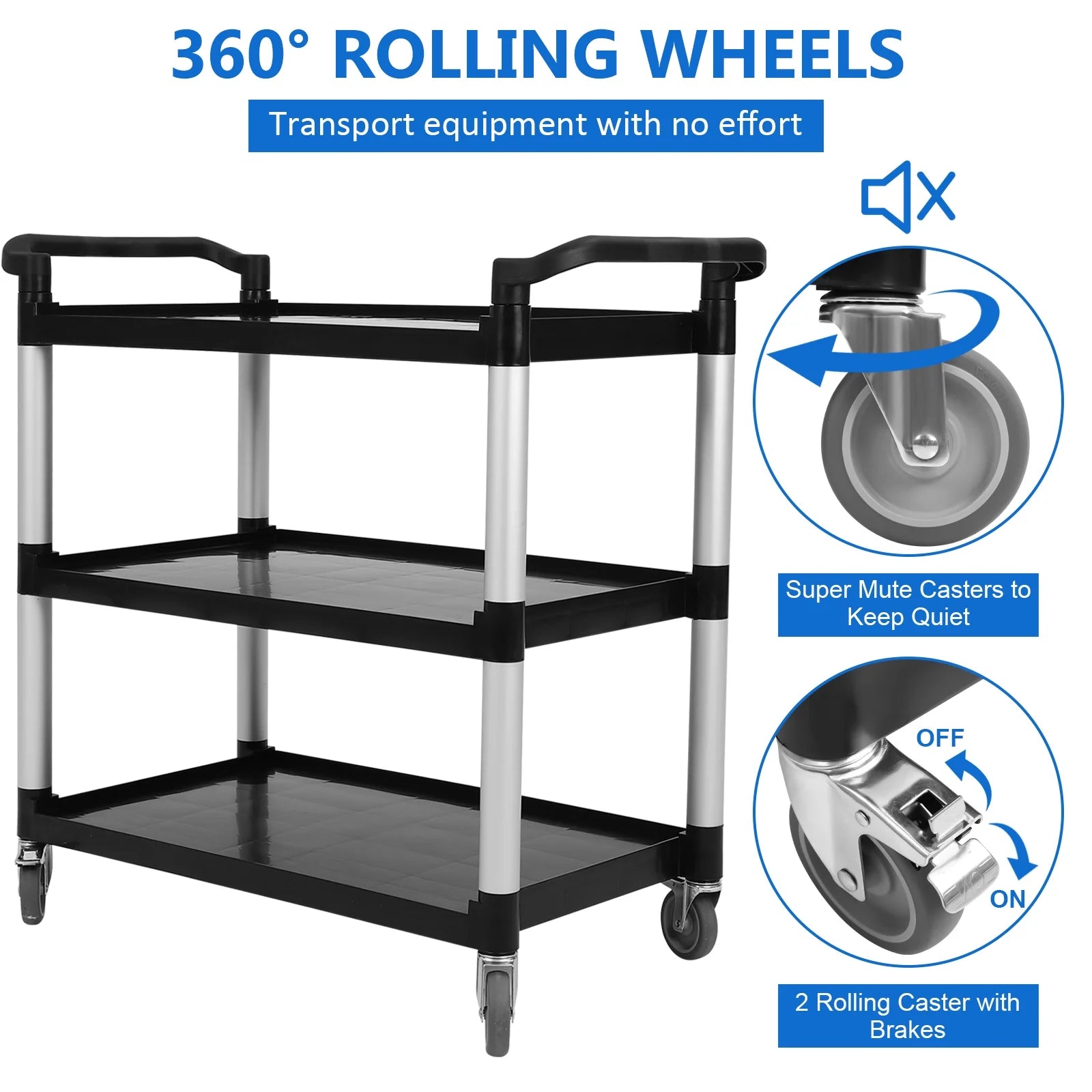 Utility Cart with Lockable Wheels,3-Tier Rolling Cart,360 lb Capacity Heavy Duty Cart for Warehouse,Kitchen,Office,Restaurant,Bathroom,Black