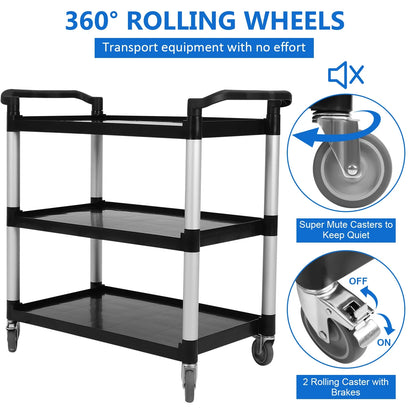Utility Cart with Lockable Wheels,3-Tier Rolling Cart,360 lb Capacity Heavy Duty Cart for Warehouse,Kitchen,Office,Restaurant,Bathroom,Black