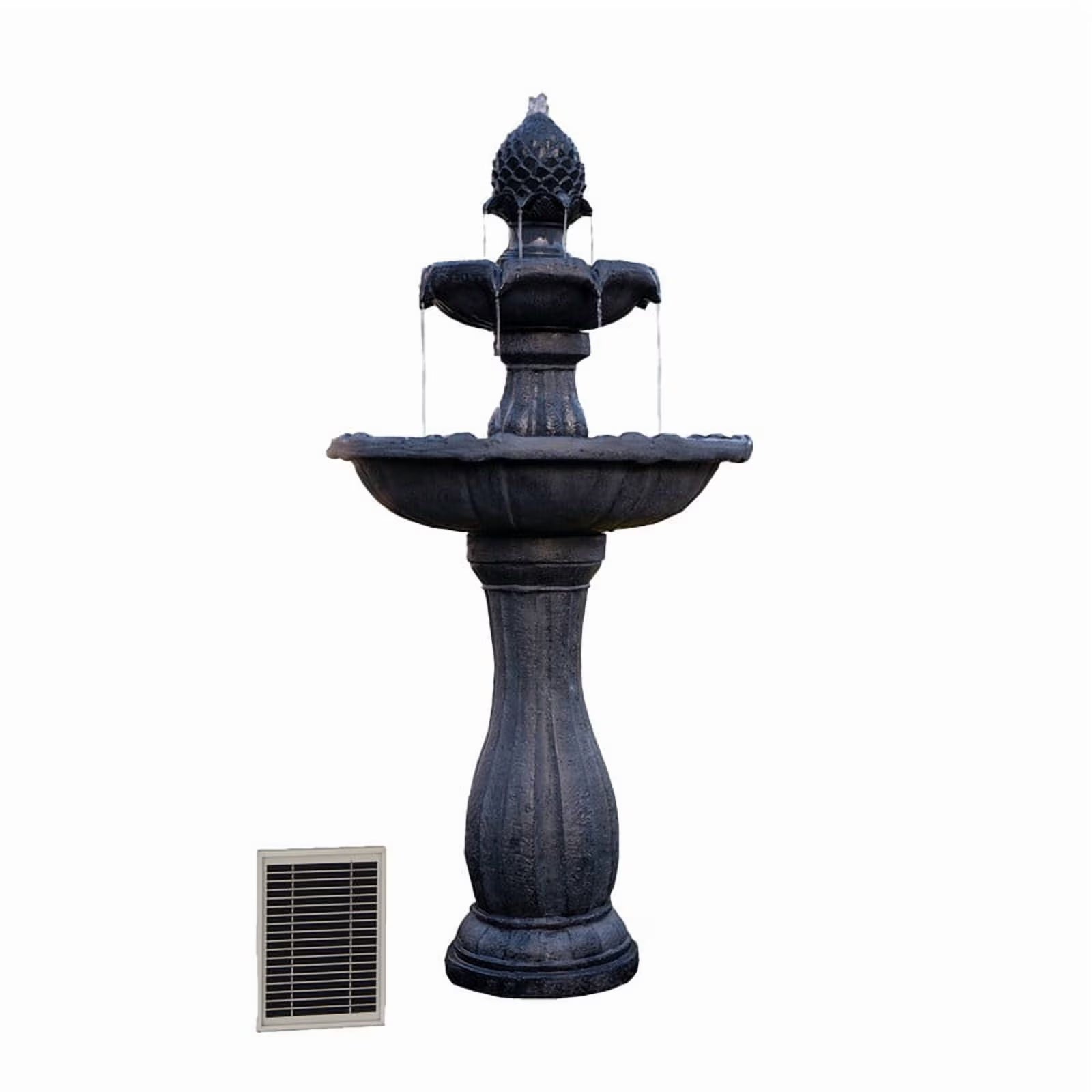 XBrand 44" H Black Fiberglass/Resin 2-Tier Solar Water Fountain w/ Solar Panel and Auto-Shut Off Pump, Solar Garden Fountain, Tall Outdoor Fountain, Two Tiered Birdbath Fountain