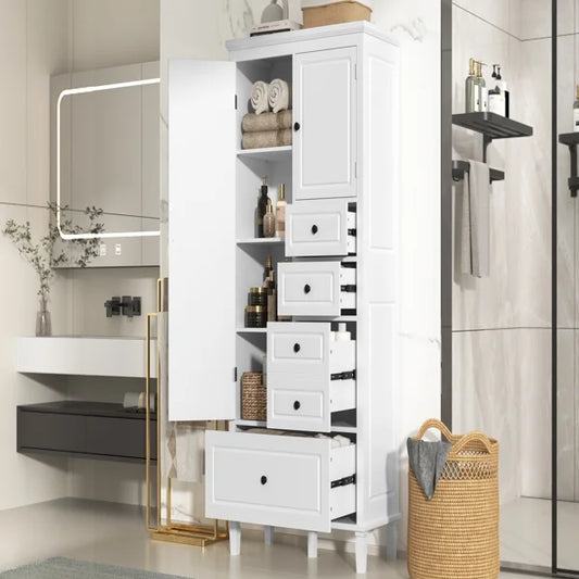 Tall White Storage Cabinet with 4 Drawers & Adjustable Shelves �?Multi-Functional Organizer for Bathroom, Office, Living Room �?Solid Pine & MDF (61.8" Height)