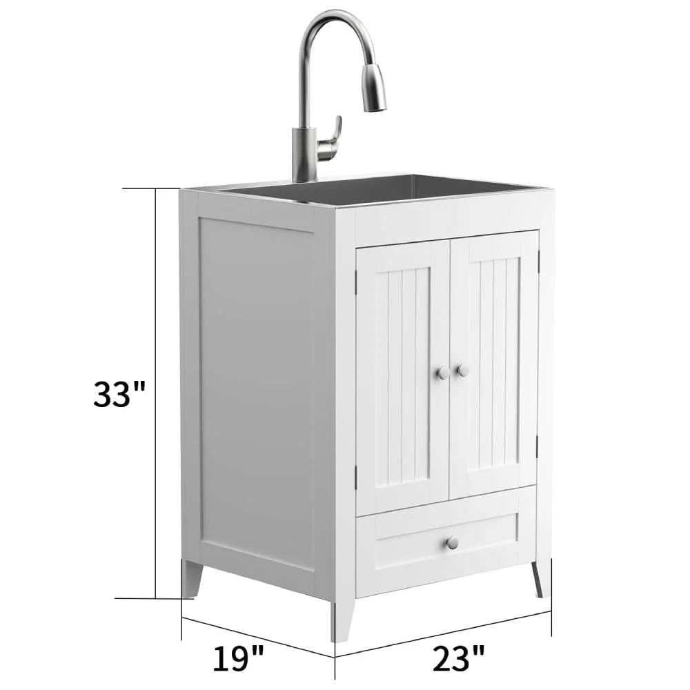 Ktaxon 24-Inch Laundry Sink with Cabinet and Pull-Out Sprayer Faucet, Stainless Steel Utility Sink with Cabinet, Grey Cabinet with Sink for Laundry & Utility Room, Kitchen, Bathroom, Basement