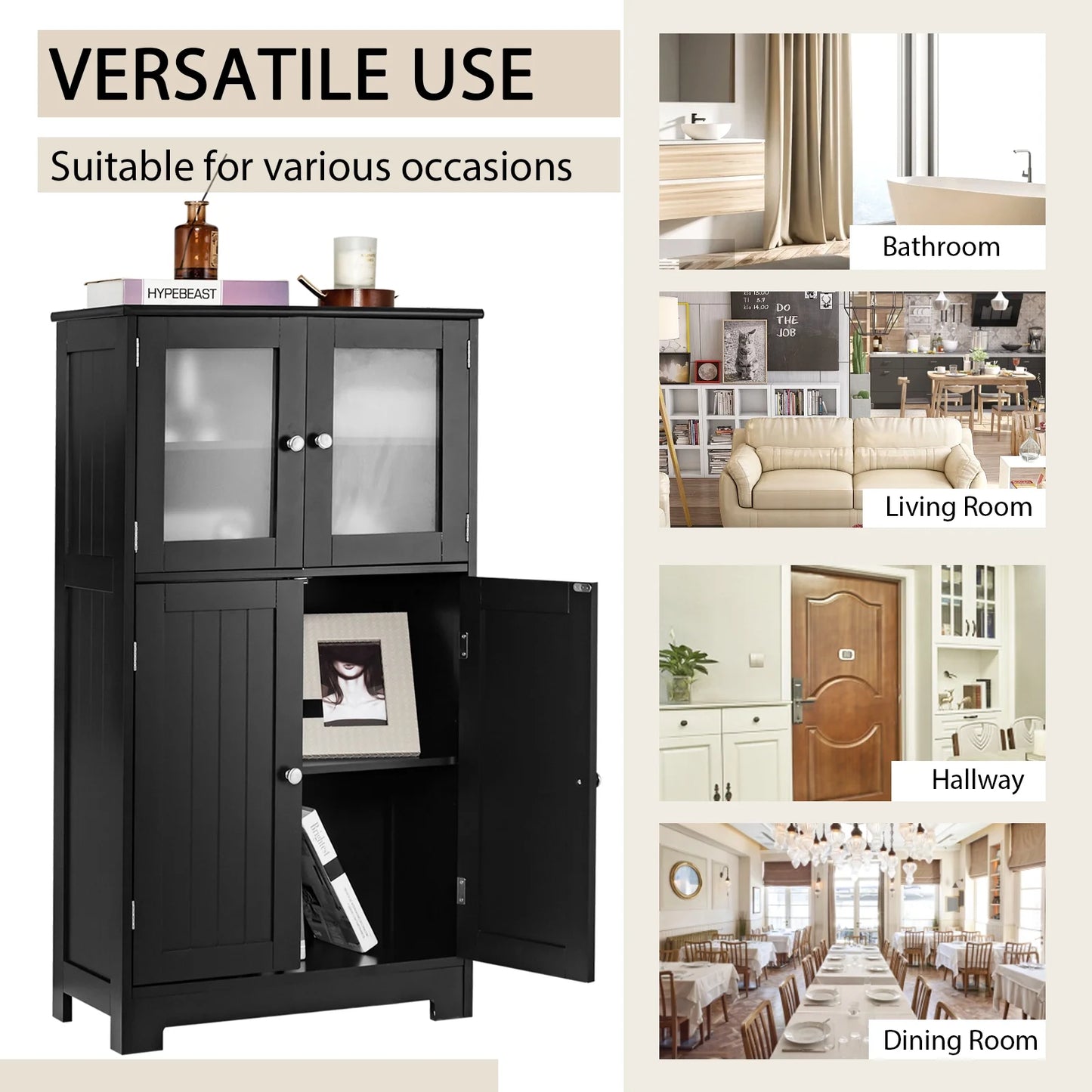 Costway Bathroom Floor Storage Cabinet Kitchen Cupboard w/Doors&Adjustable Shelf Black