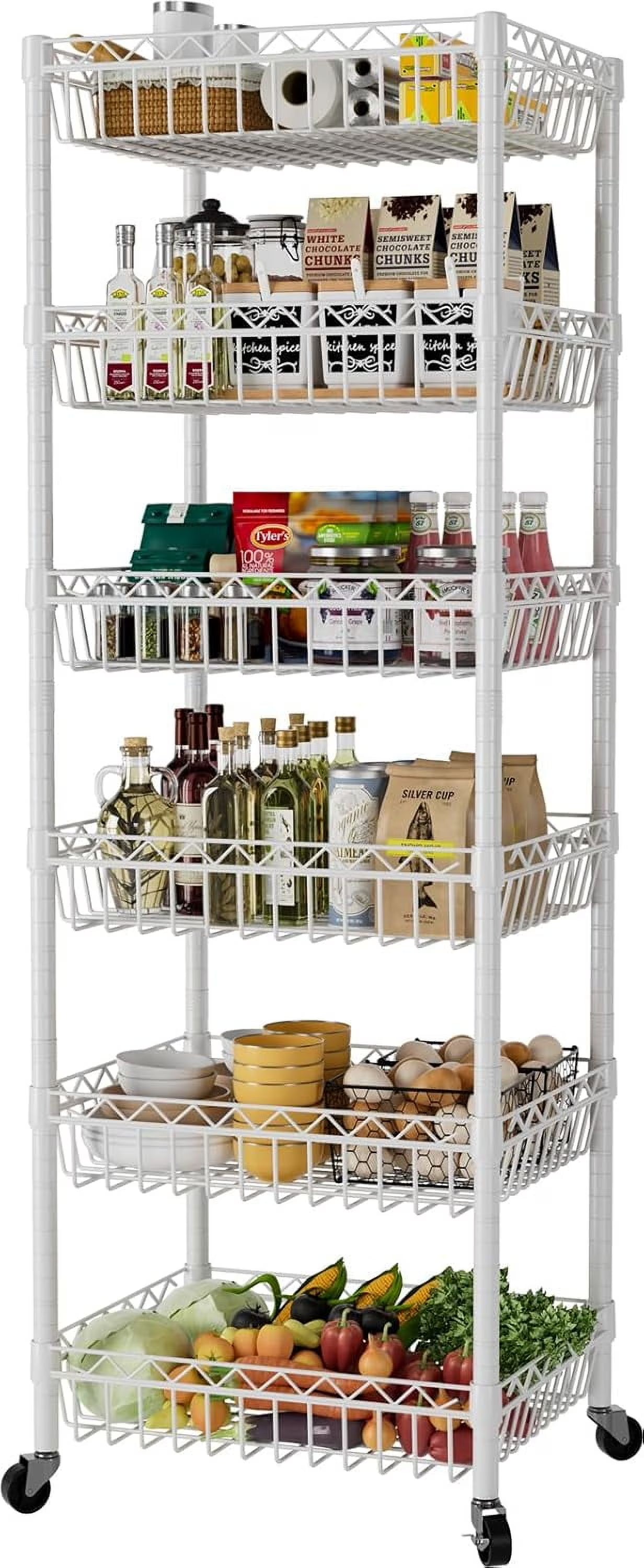 6 Tier Wire Shelving Unit with Wheels Baskets Storage Rack Corner Shelves Adjustable Shelf Closet Bathroom Organizers Metal Pantry Kitchen Garage Laundry Room 13.5" D x 13.5" W x 63" H White