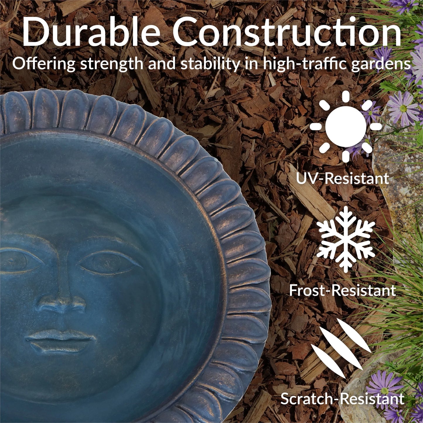 Sunnydaze Facade du Soleil Freestanding Glass Fiber Reinforced Concrete Outdoor Bird Bath, Blue
