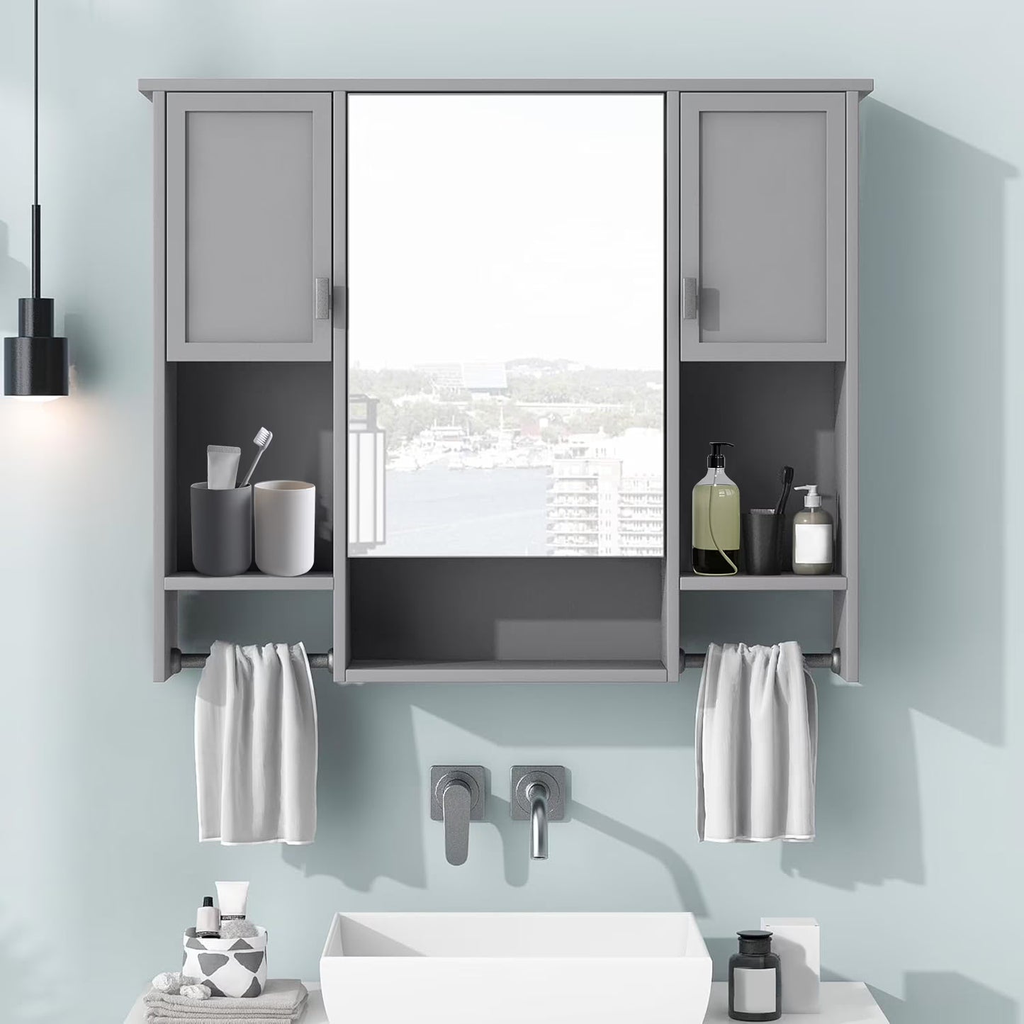 Royard Oaktree Bathroom Medicine Cabinet with Mirror, Bathroom Storage Cabinet with 3 Doors and Open Shelves, Wall Mounted Cabinet Space Saver with Towel Bars, Grey