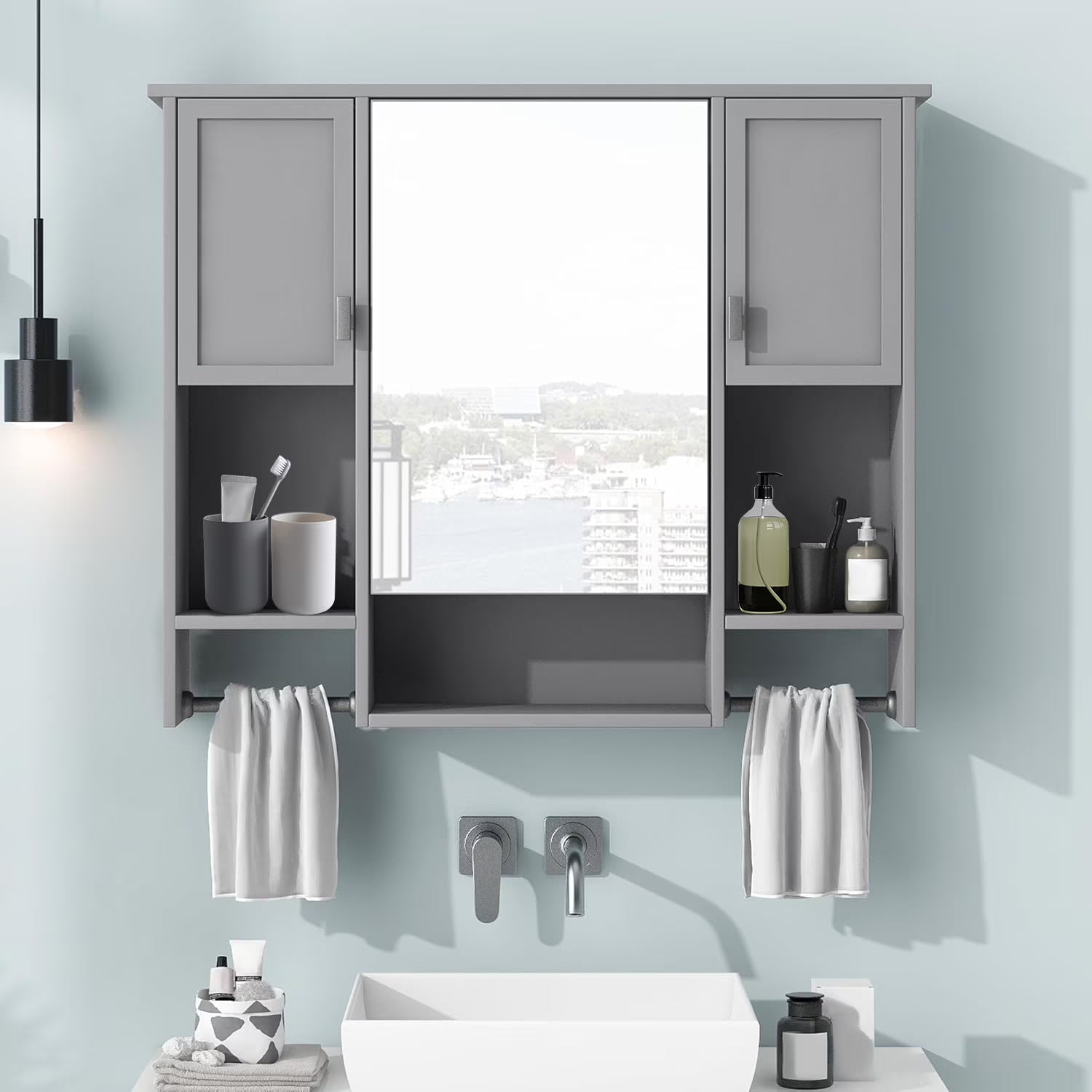 Royard Oaktree Bathroom Medicine Cabinet with Mirror, Bathroom Storage Cabinet with 3 Doors and Open Shelves, Wall Mounted Cabinet Space Saver with Towel Bars, Grey