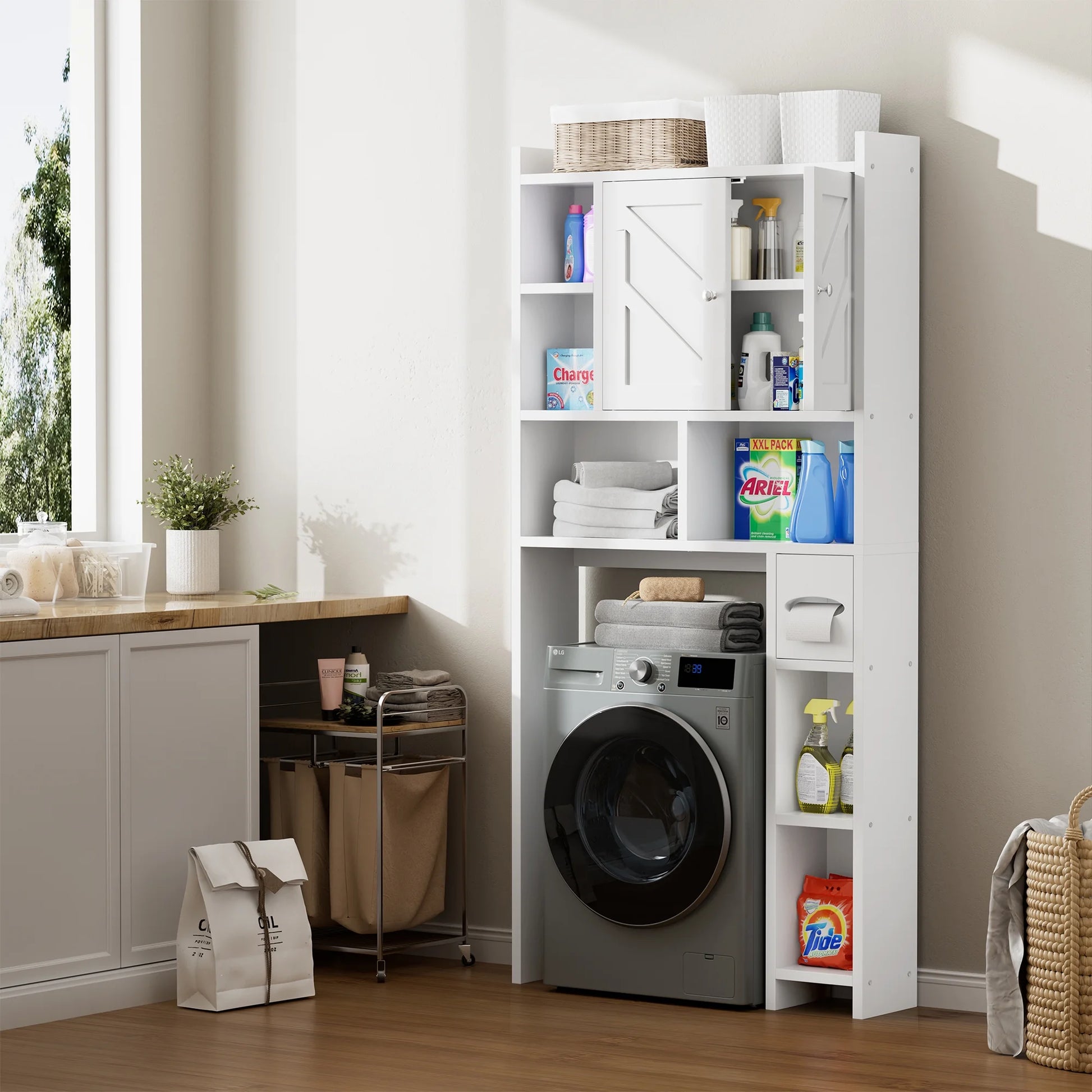Walsunny Over the Toilet Storage Cabinets with Doors Side Shelves Toilet Paper Holder Stand Organizer Shelf Rack Space Saver above behind Toilet Freestanding for Bathroom Restroom Laundry Gray