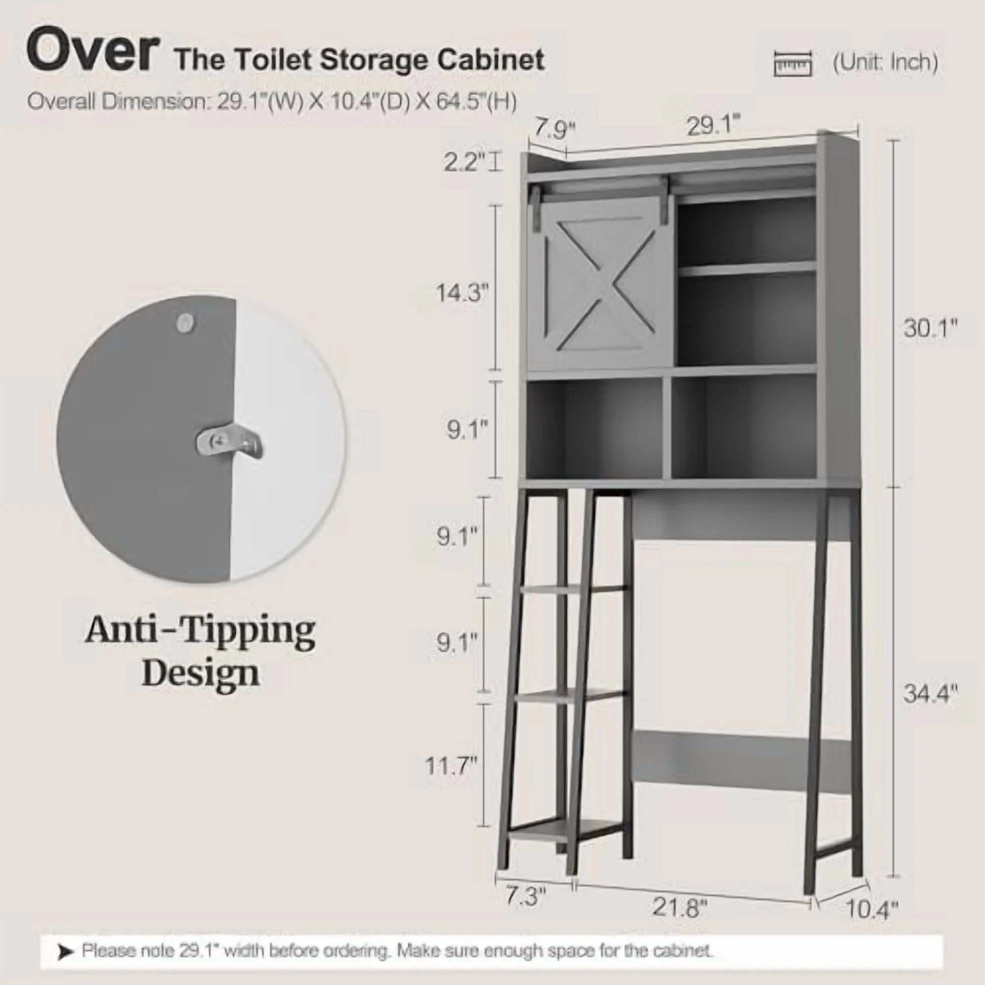 Over The Toilet Storage Cabinet, Farmhouse Storage Cabinet Over Toilet with Sliding Barn Doors, Freestanding Bathroom Organizer Shelf Space Saving, Grey