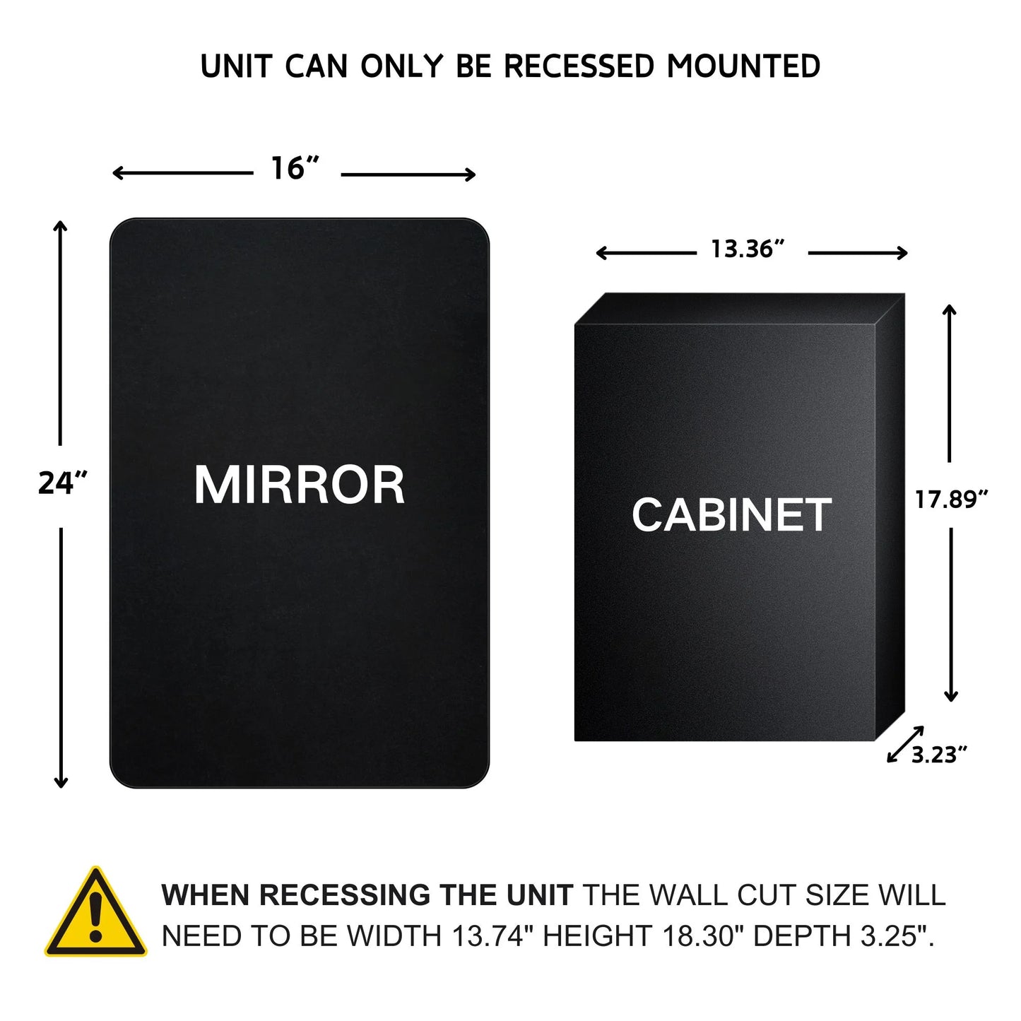 TEHOME Black Rectangle Recessed Bathroom Medicine Cabinet with Mirror Stainless Steel Metal Framed Rounded Rectangular Bathroom Cabinet with Mirror 16x24''