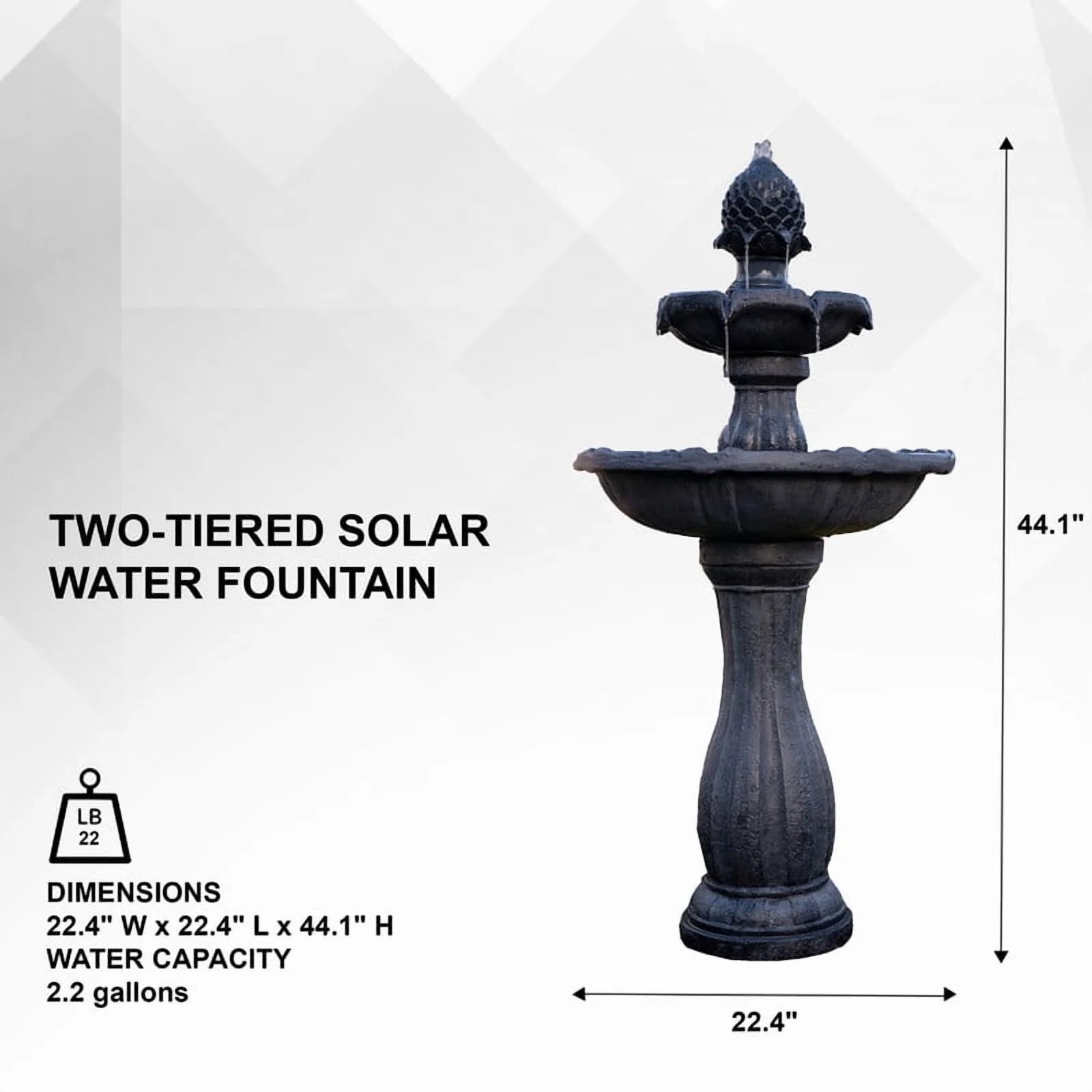 XBrand 44" H Black Fiberglass/Resin 2-Tier Solar Water Fountain w/ Solar Panel and Auto-Shut Off Pump, Solar Garden Fountain, Tall Outdoor Fountain, Two Tiered Birdbath Fountain