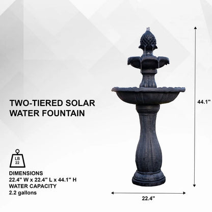 XBrand 44" H Black Fiberglass/Resin 2-Tier Solar Water Fountain w/ Solar Panel and Auto-Shut Off Pump, Solar Garden Fountain, Tall Outdoor Fountain, Two Tiered Birdbath Fountain