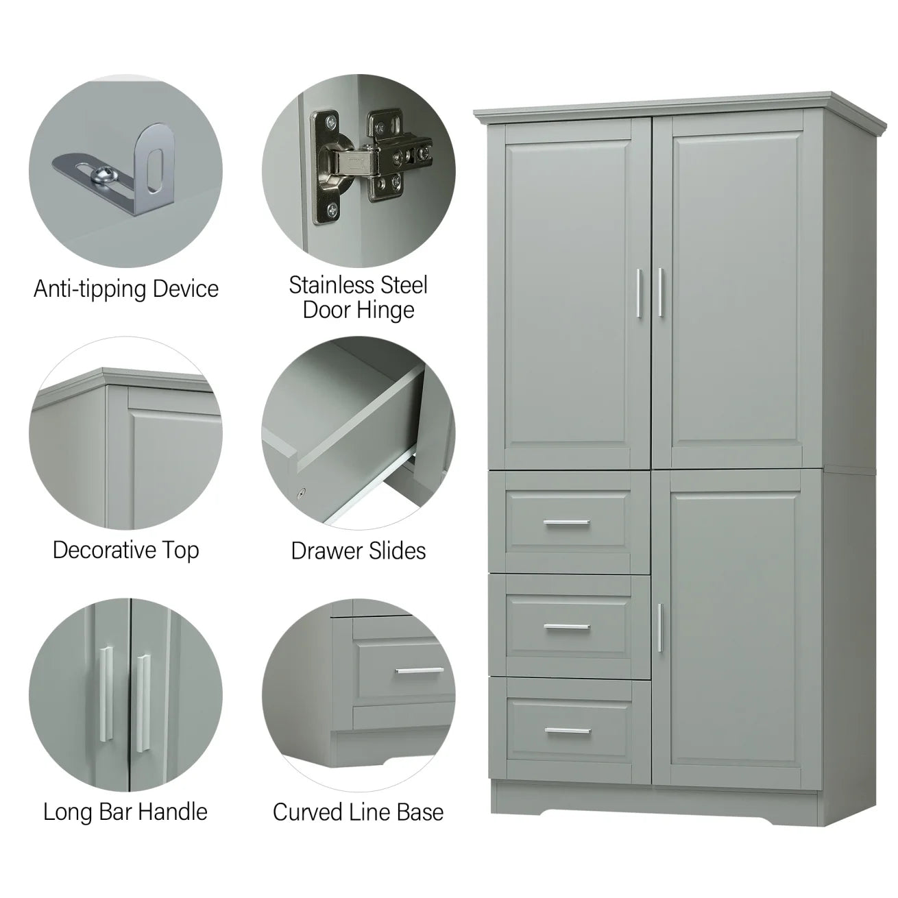Bathroom Cabinet, 62.2" Tall Storage Cabinet with Doors and Shelves, Freestanding Linen Closet for Bathroom, Kitchen, Living Room, Grey