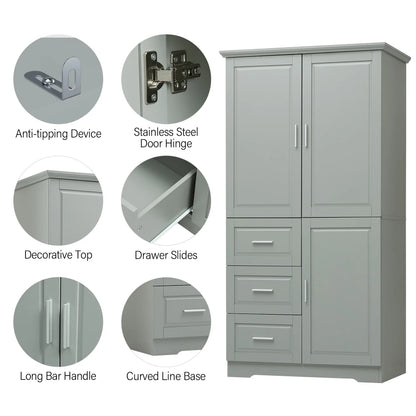 Bathroom Cabinet, 62.2" Tall Storage Cabinet with Doors and Shelves, Freestanding Linen Closet for Bathroom, Kitchen, Living Room, Grey