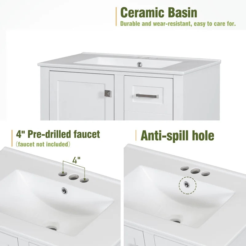 Bellemave 30" Bathroom Vanity with Sink, Cabinet with Sink Combo Set with Top, Bathroom Storage Cabinet with 3 Drawers and 1 Soft Closing Door, 30 Inch Vanity with Sink for Bathroom（White）