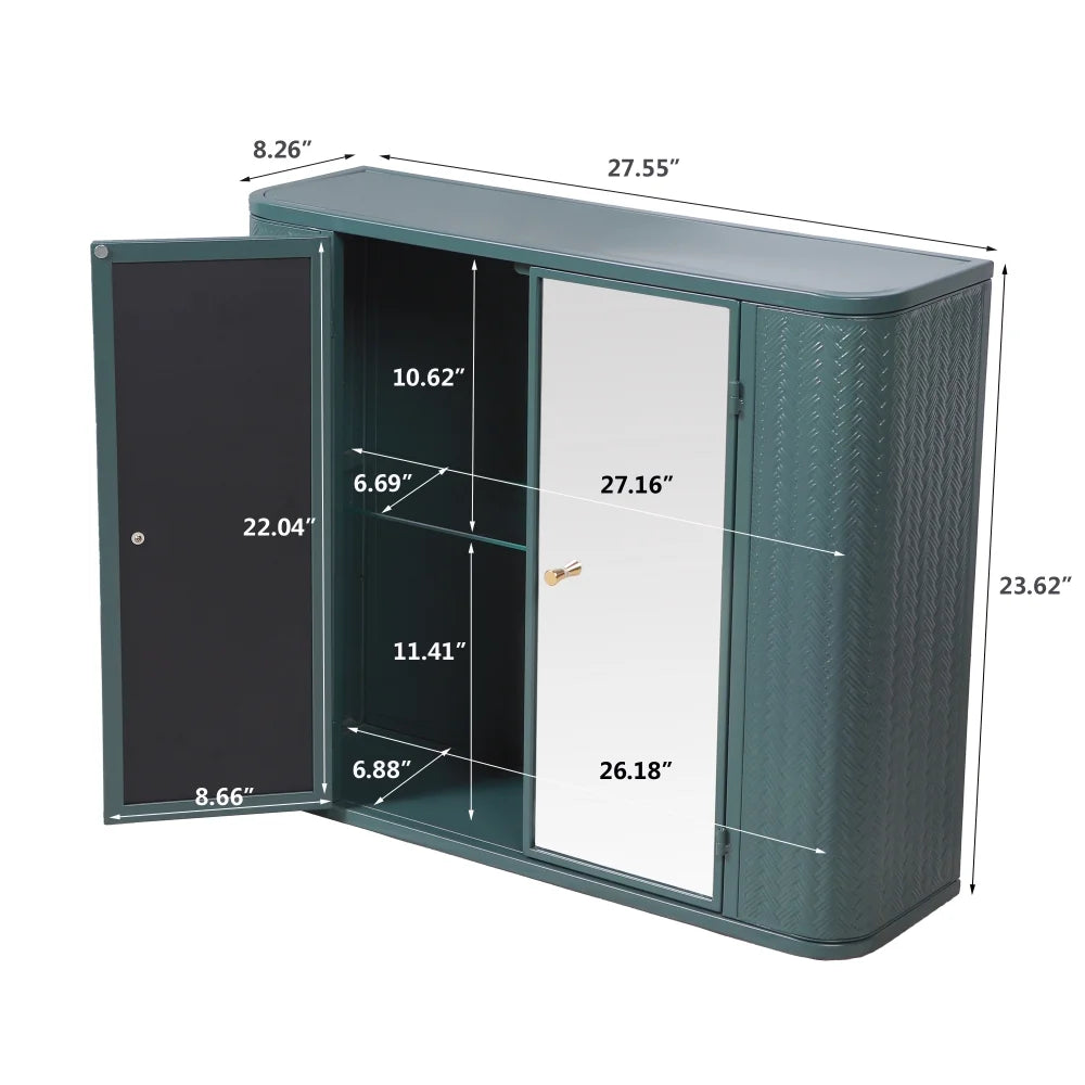 Army Green Bathroom Cabinet - Wall-Mounted Mirror Storage with 2 Doors & Open Shelf - Farmhouse Metal Frame for Vanity/Toilet