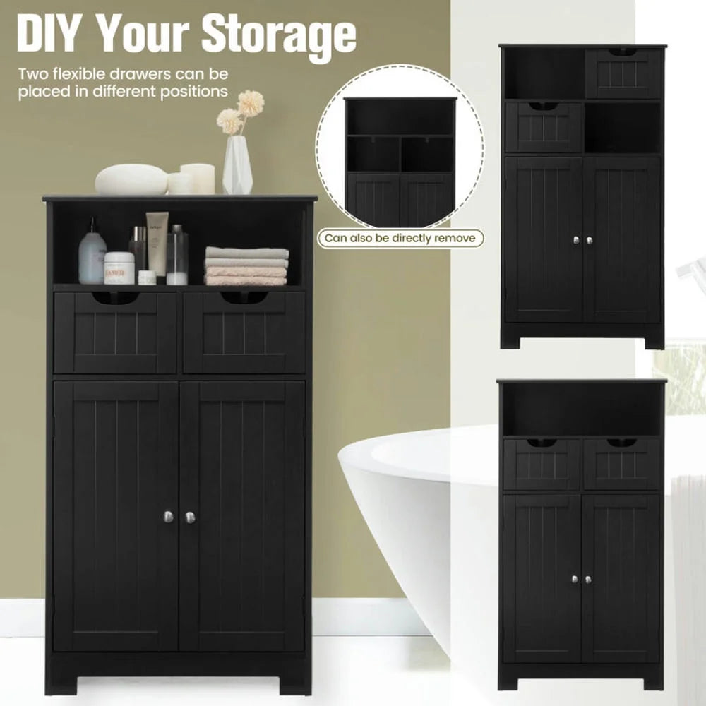 Spaco Bathroom Wooden Side Cabinet with 2 Drawers and 2 Doors-Black, Bathroom Storage Cabinet for Entryway Storage, Home Office Furniture
