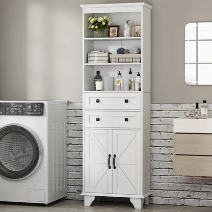 IDEALSOUL Tall Storage Cabinet, 72" Farmhouse Bathroom Storage with 2 Drawers, Adjustable Shelves & Barn Door, Cabinet for Bathroom, Living Room, Kitchen, off-White