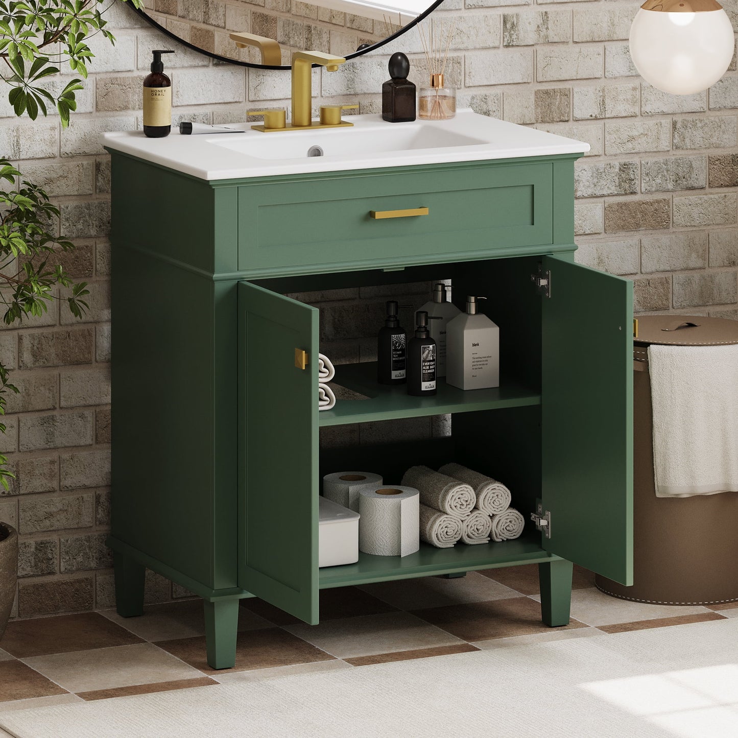 Harper & Bright Designs 30" Bathroom Vanity Combo with Ceramic Sink, Bathroom Vanity Cabinet with Soft Close Doors and Adjustable Shelves, Green
