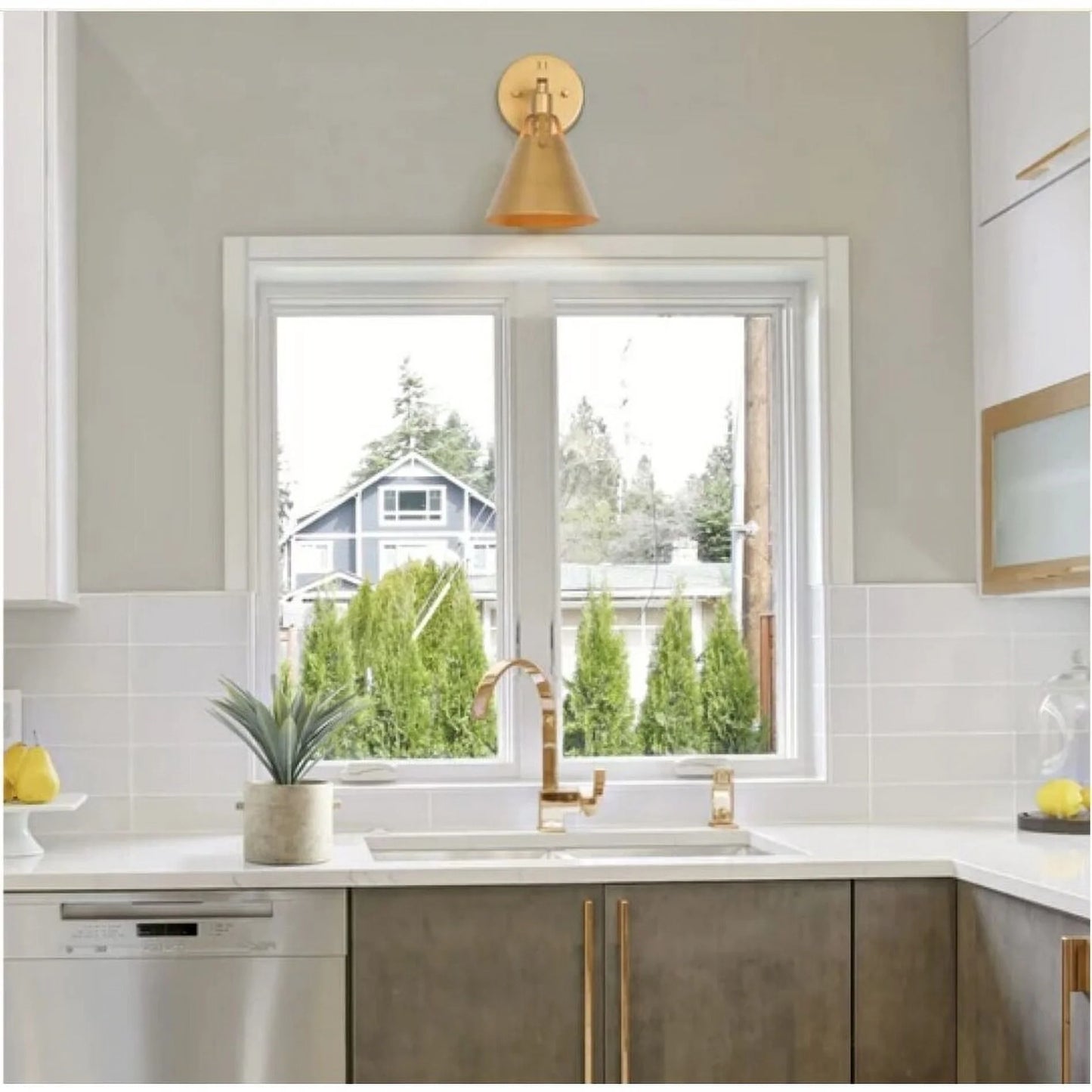 LaLuz Coney Modern 2-Pack Gold Bathroom Vanity Light Transitional Brushed Metal Wall Sconces - 6.1'' L x 7.5'' W x 10.2'' H Brushed Gold