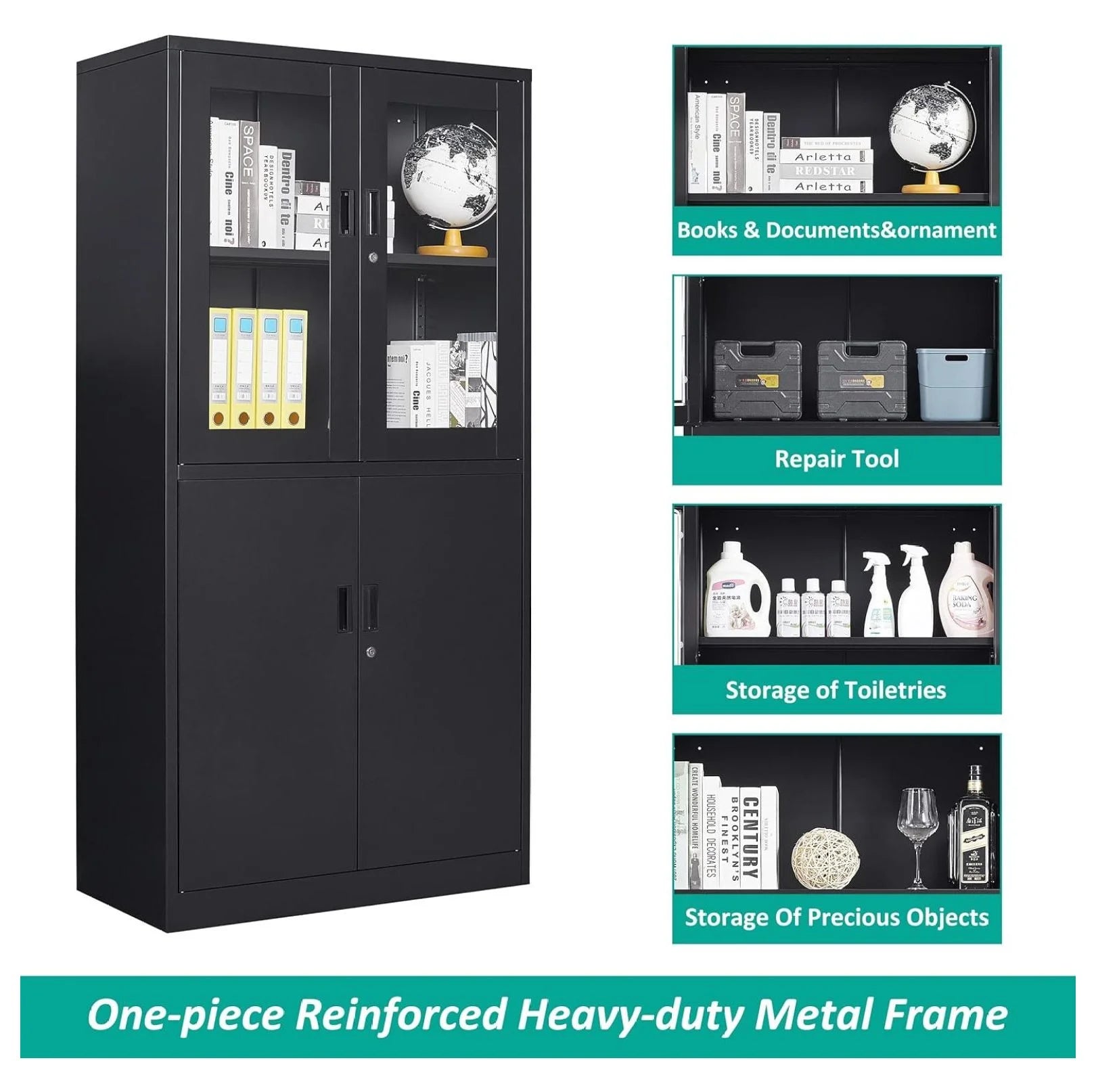 WDNMD9418 Storage Cabinet with Doors and Shelves,Display Cabinet with Glass Doors, Freestanding Kitchen Pantry Cabinet with Glass Doors and Shelves for Home Office, Pantry,Kitchen Bathroom