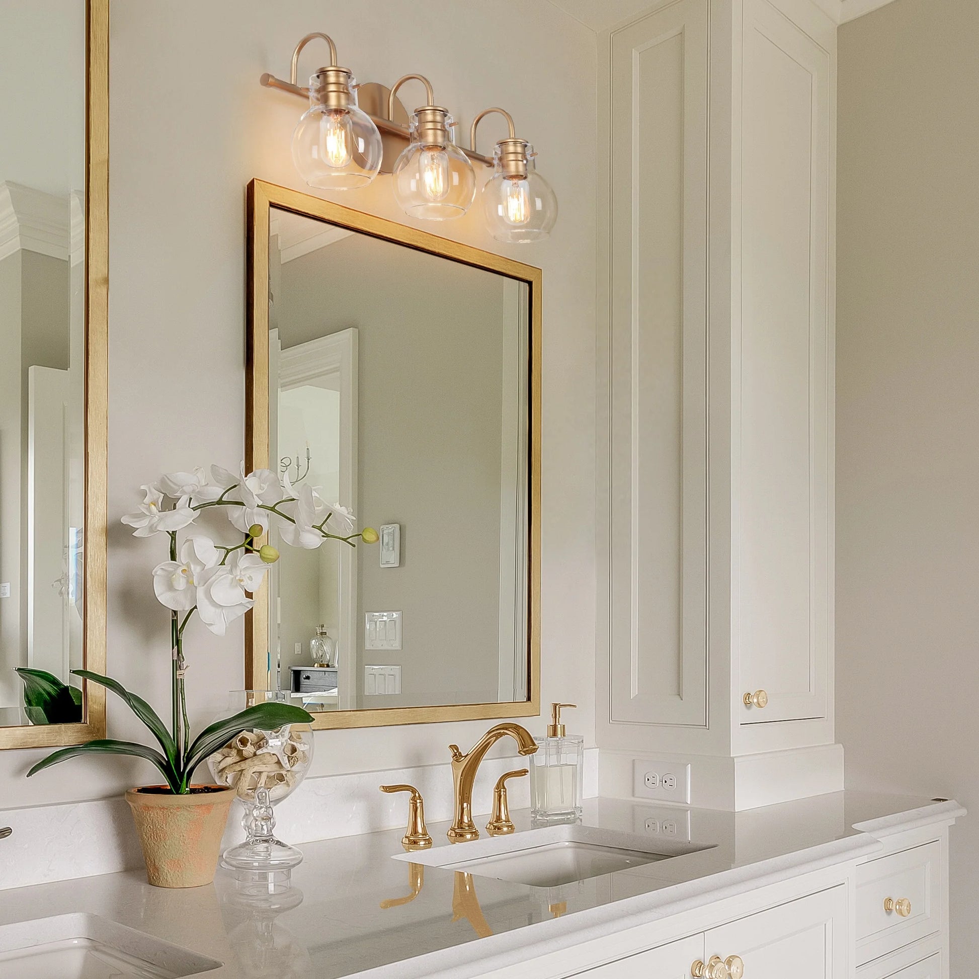 LNC 3-Light Gold Round Clear Glass Shade Modern Bathroom Vanity Lighting Fixutre